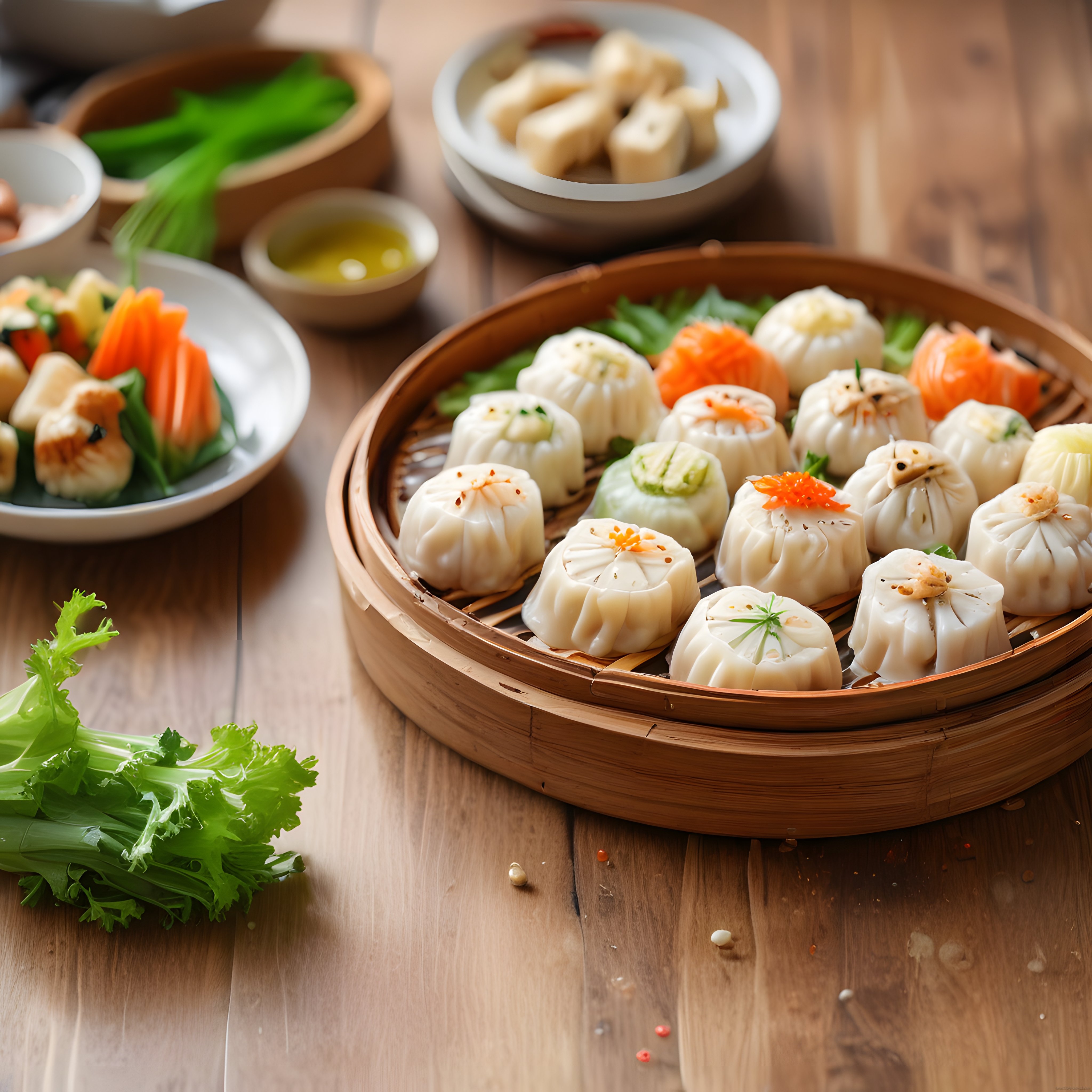Bambu buharda pişirme sepetinde çeşitli dim sum mantıları ve Asya mezeleri