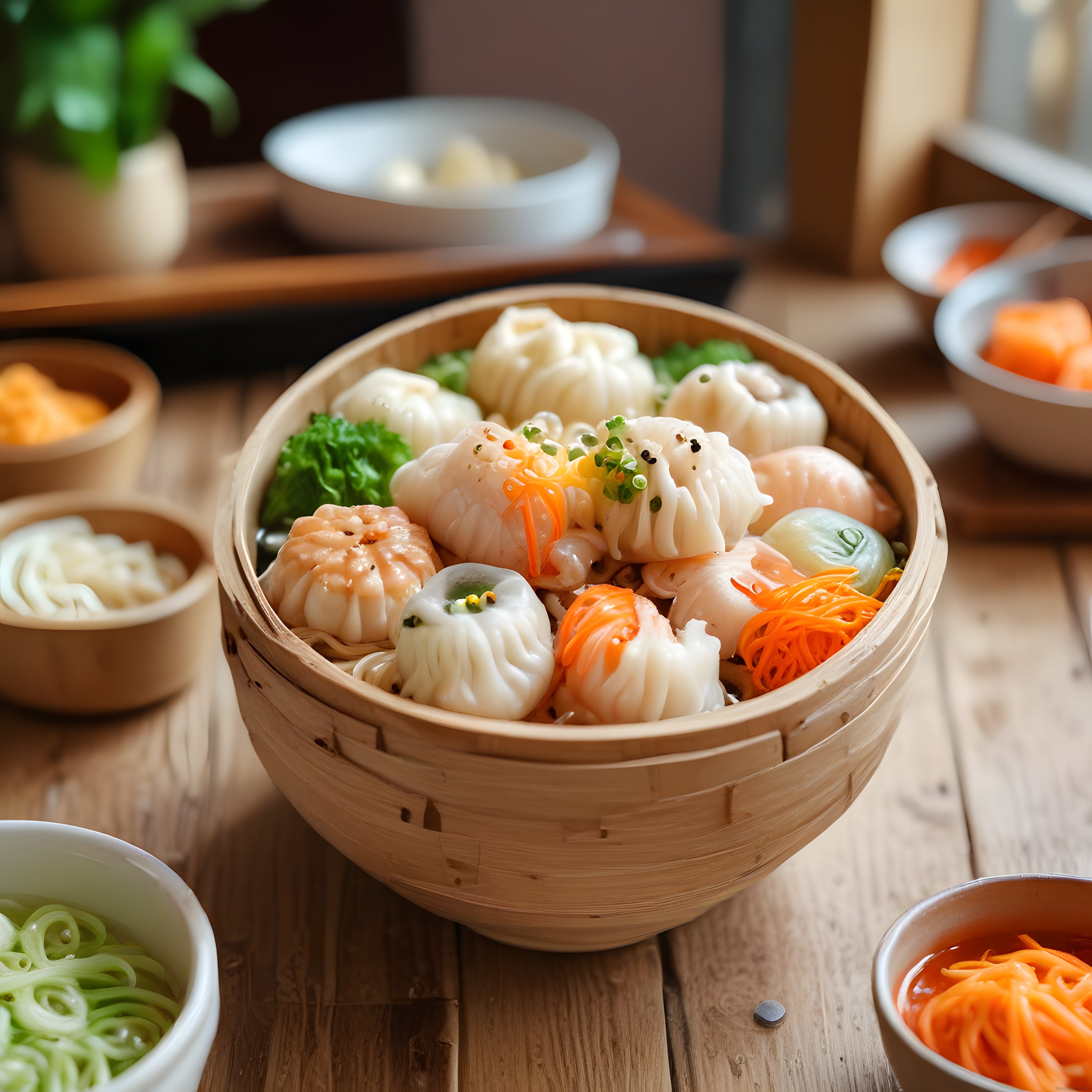 Bambu buharda pişirme sepetinde çeşitli dim sum ve Asya mutfağı lezzetleri