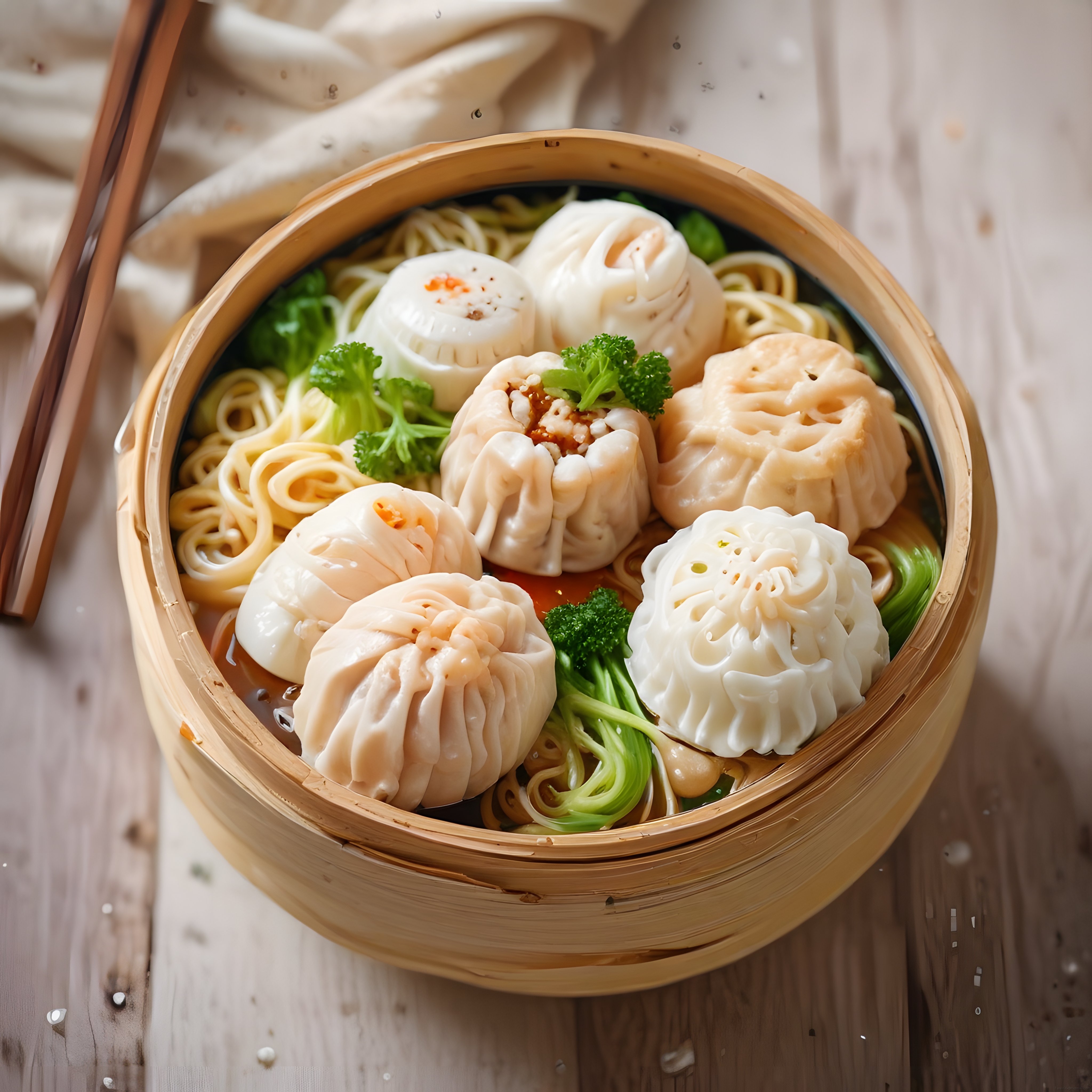 Bambu Buharda Pişirme Sepetinde Çeşitli Dim Sum ve Asya Noodle Sunumu