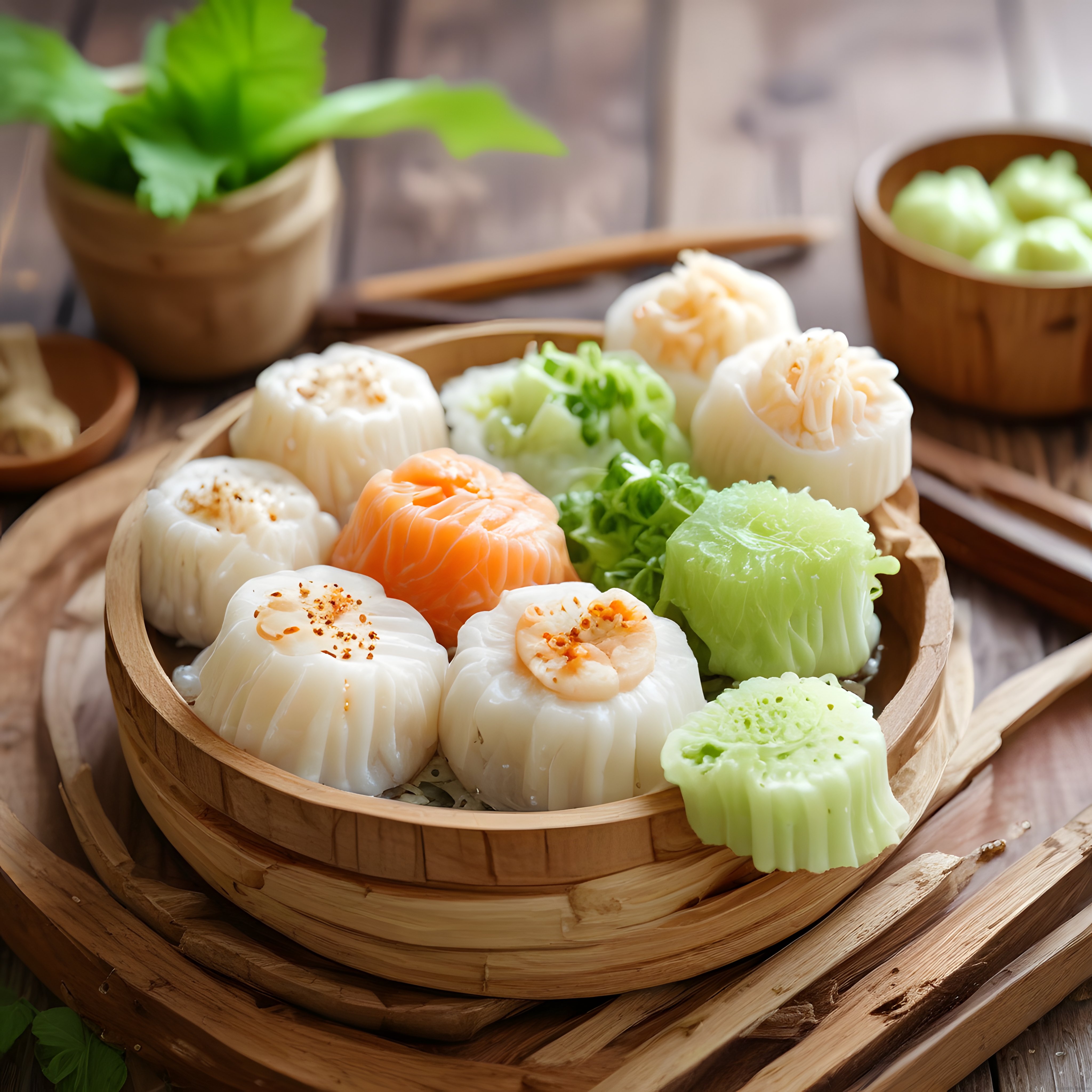 Bambu Buharda Pişirme Sepetinde Çeşitli Renkli ve Işıltılı Dim Sum Sunumu