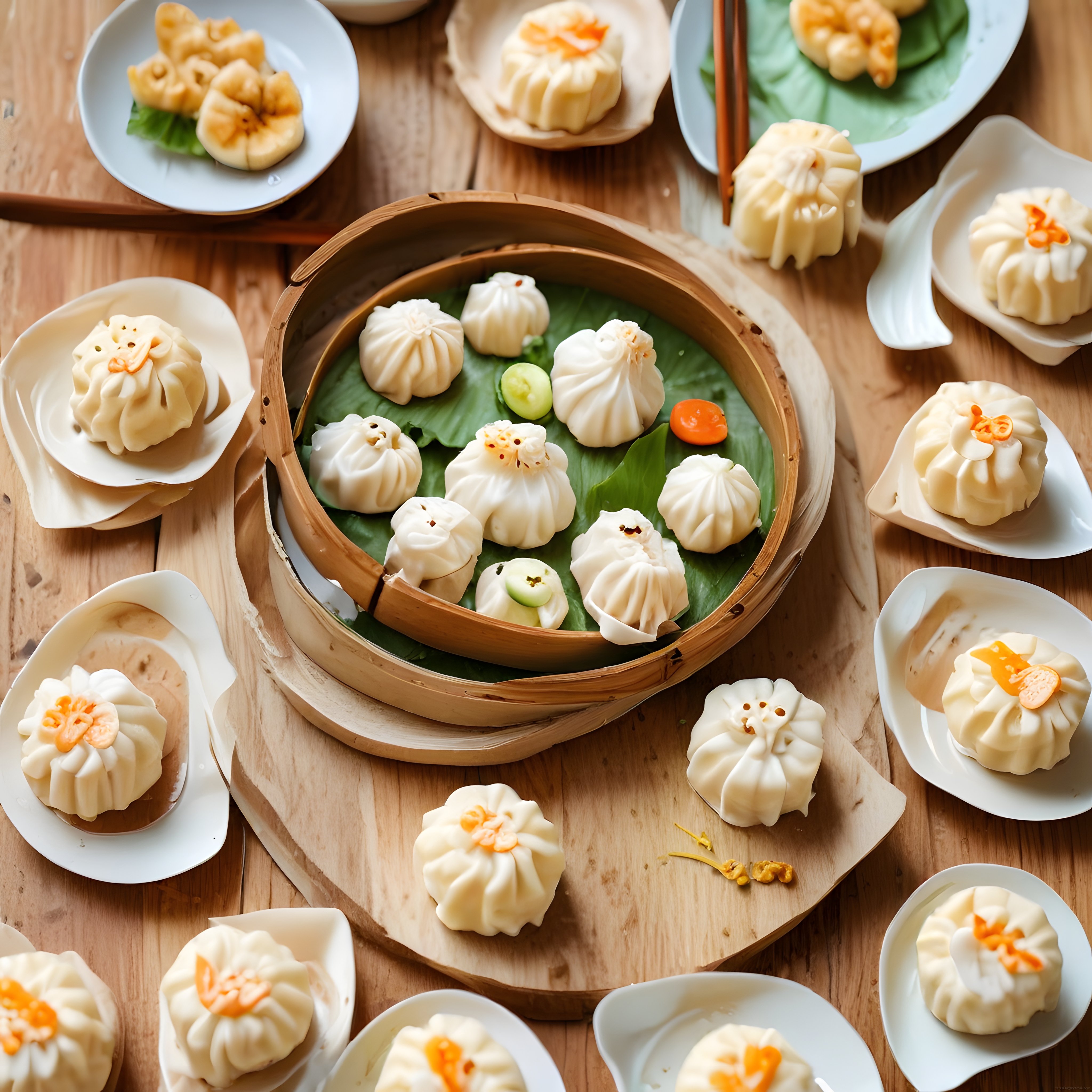 Bambu Buharda Pişirme Sepetinde Çiçek Şeklinde Süslenmiş Dim Sum Mantıları