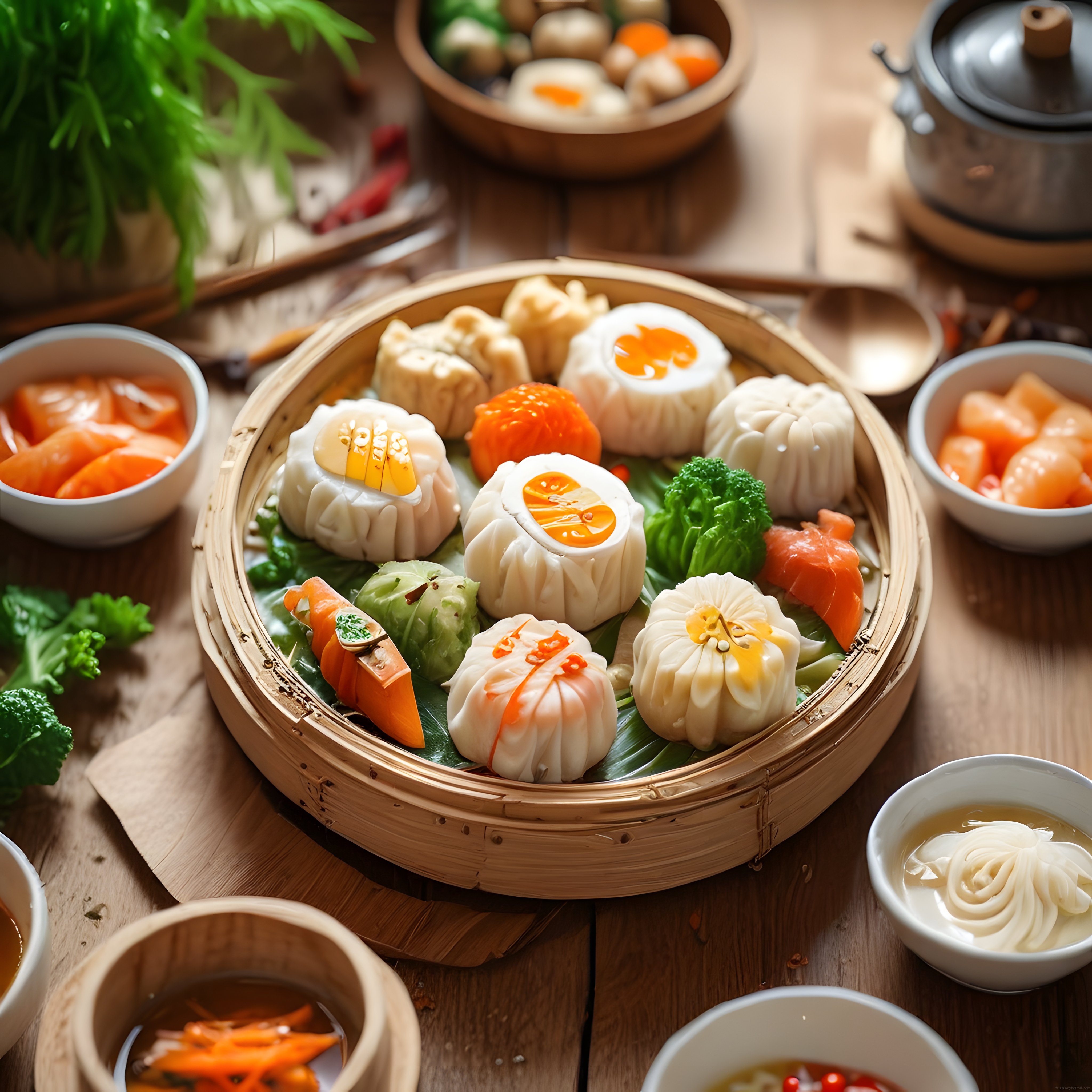 Bambu Buharda Pişirme Sepetinde Geleneksel Dim Sum ve Asya Sosları
