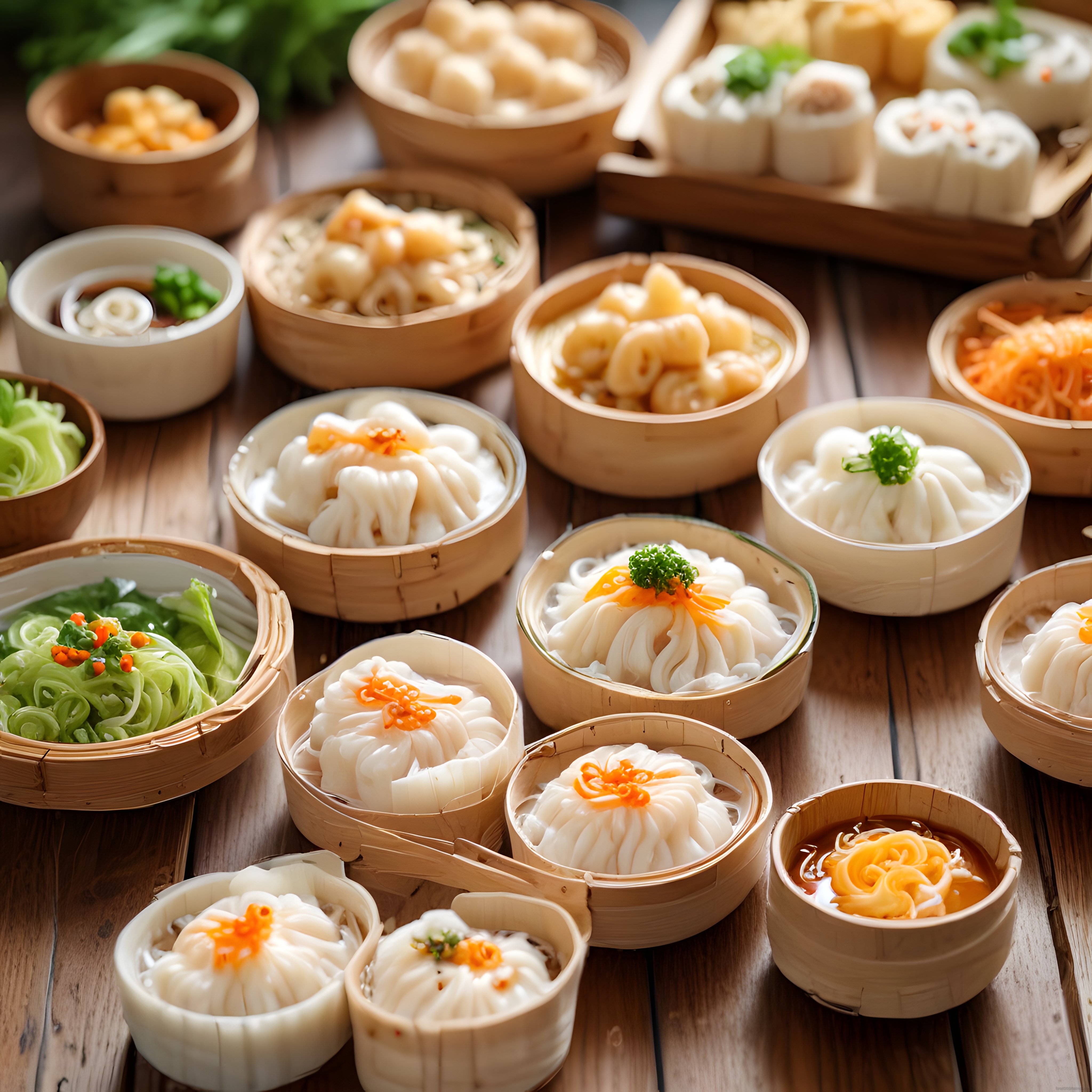 Bambu Buharda Pişirme Sepetlerinde Geleneksel Çin Mantısı ve Dim Sum Çeşitleri