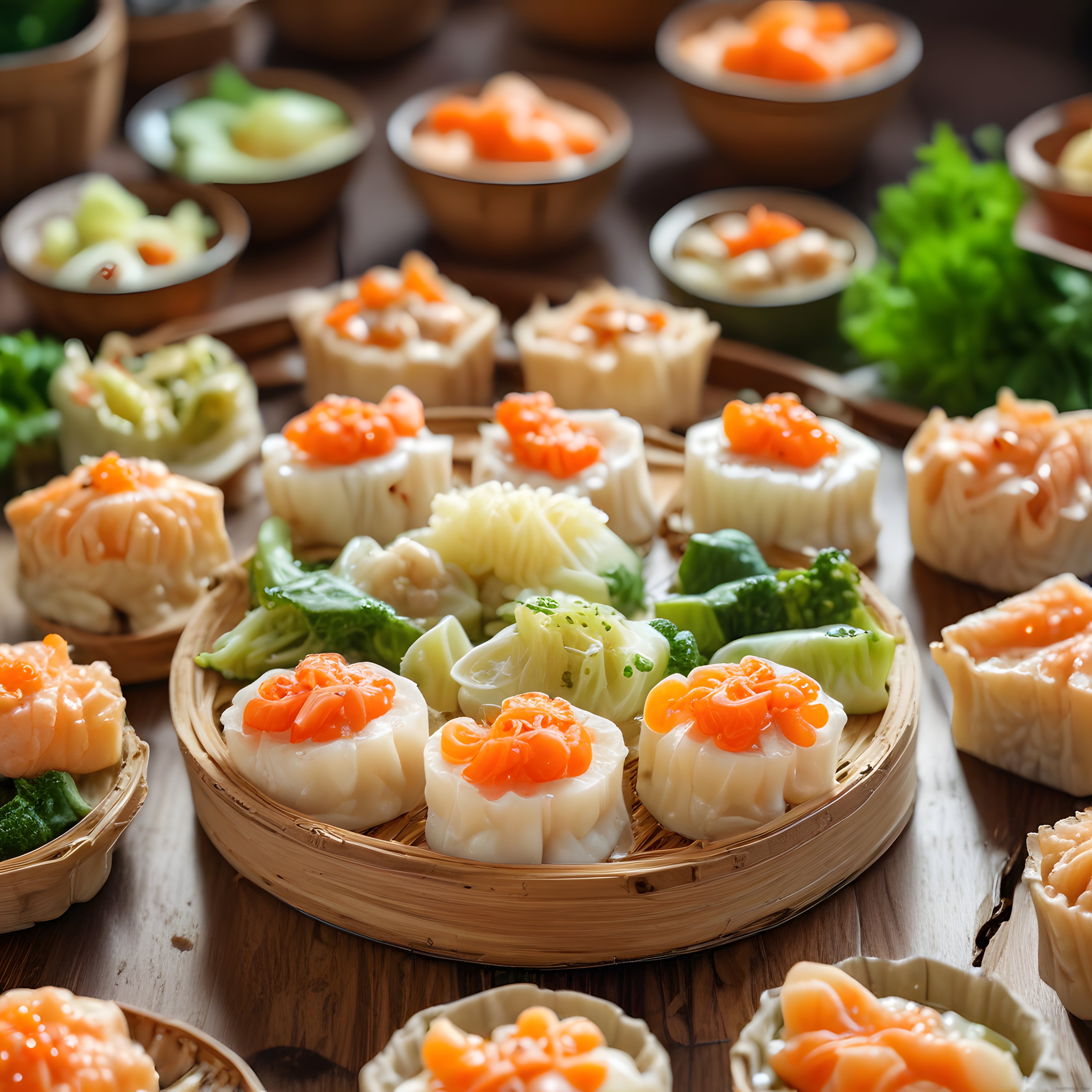 Bambu Buharda Pişirme Sepetlerinde Geleneksel Çin Mantısı ve Dim Sum Lezzetleri