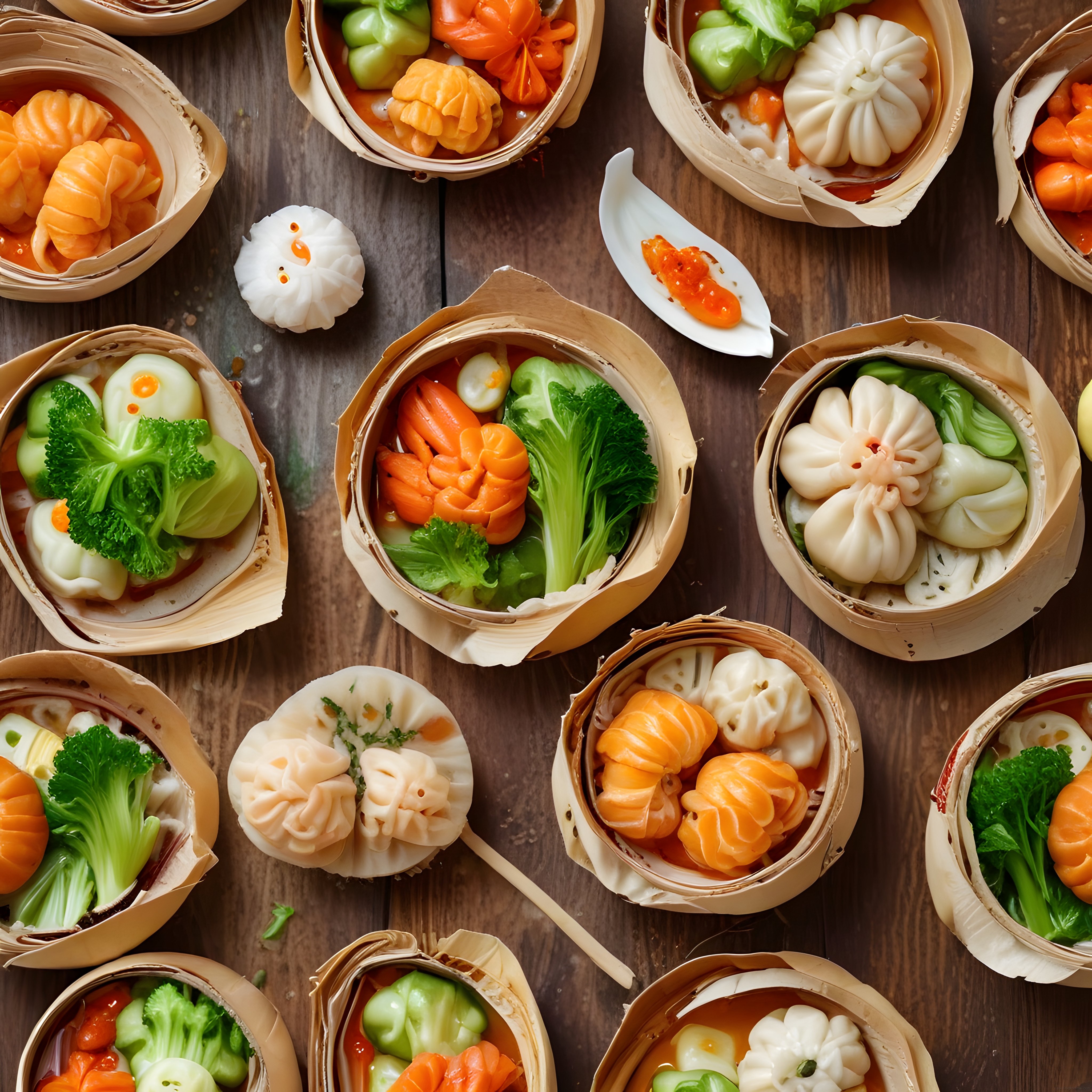 Bambu Buharda Pişirme Sepetlerinde Renkli Dim Sum Mantı Çeşitleri