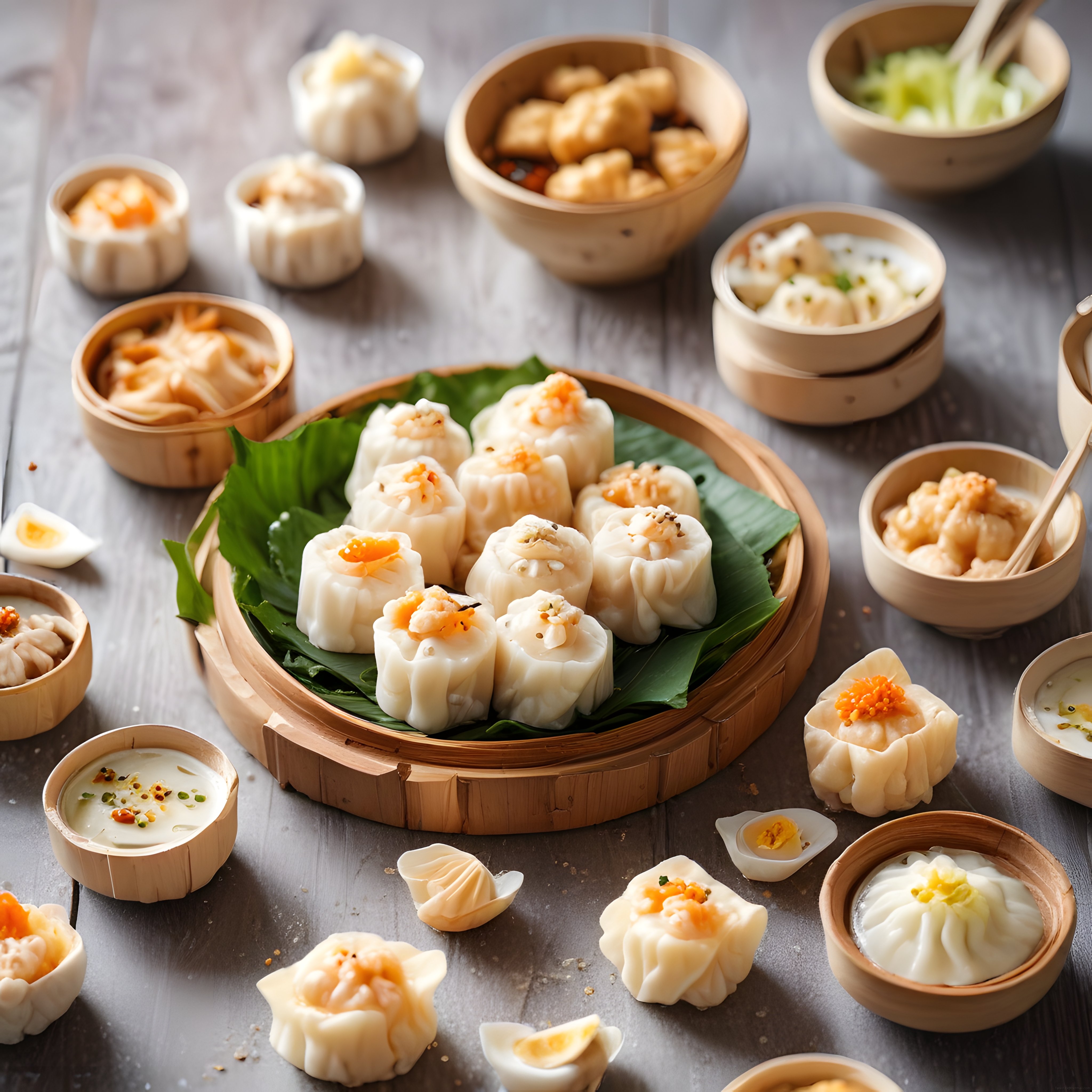 Bambu Buharda Pişirme Sepetlerinde Sunulan Taze Dim Sum ve Siu Mai Çeşitleri