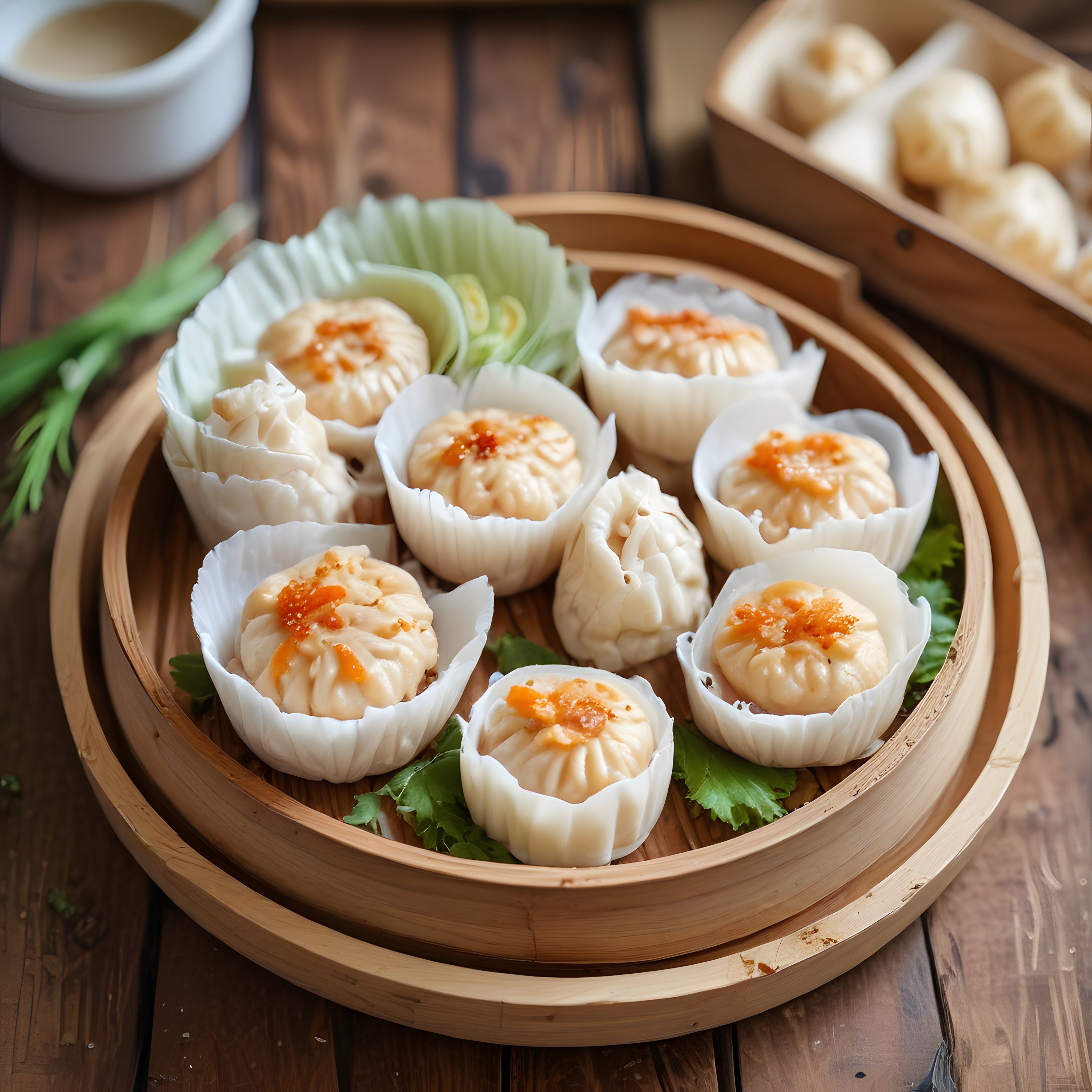 Bambu Buharda Pişmiş Çin Mantıları ve Geleneksel Dim Sum Sunumu
