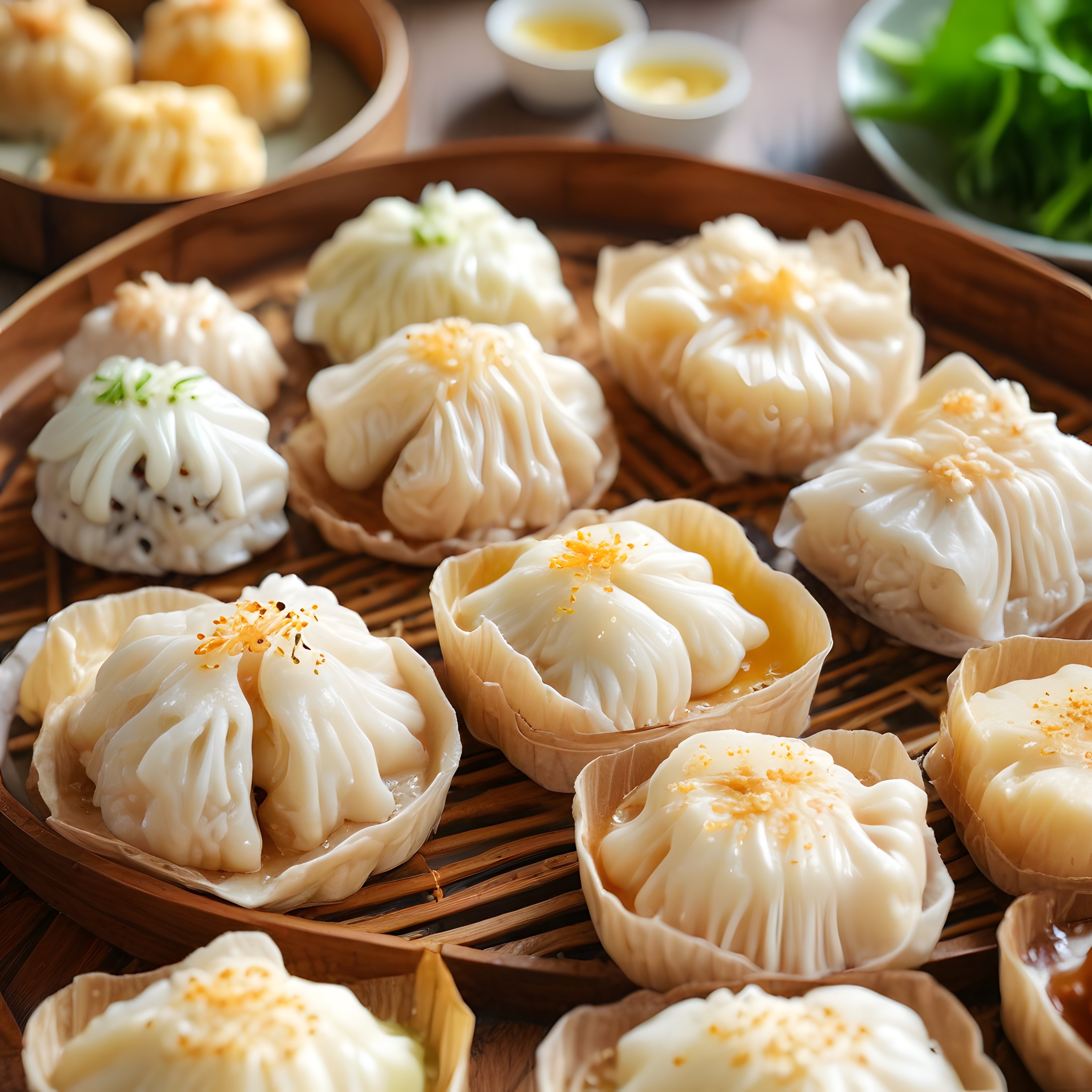 Bambu Buharda Pişmiş Dim Sum Sunumu: İnce Hamurlu Çin Mantı Çeşitleri