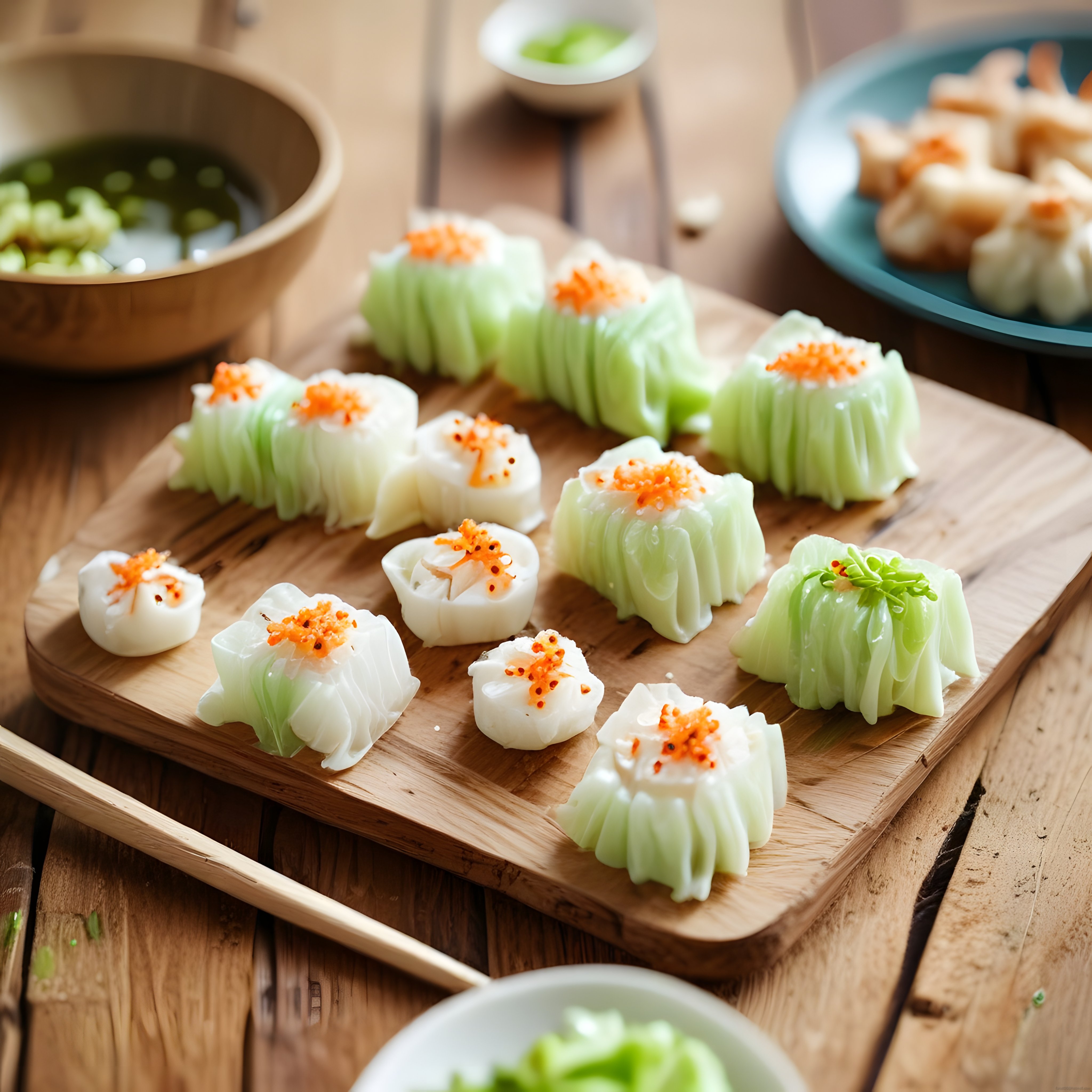 Bambu buharda pişmiş renkli dim sum çeşitleri ve geleneksel Asya sunumu