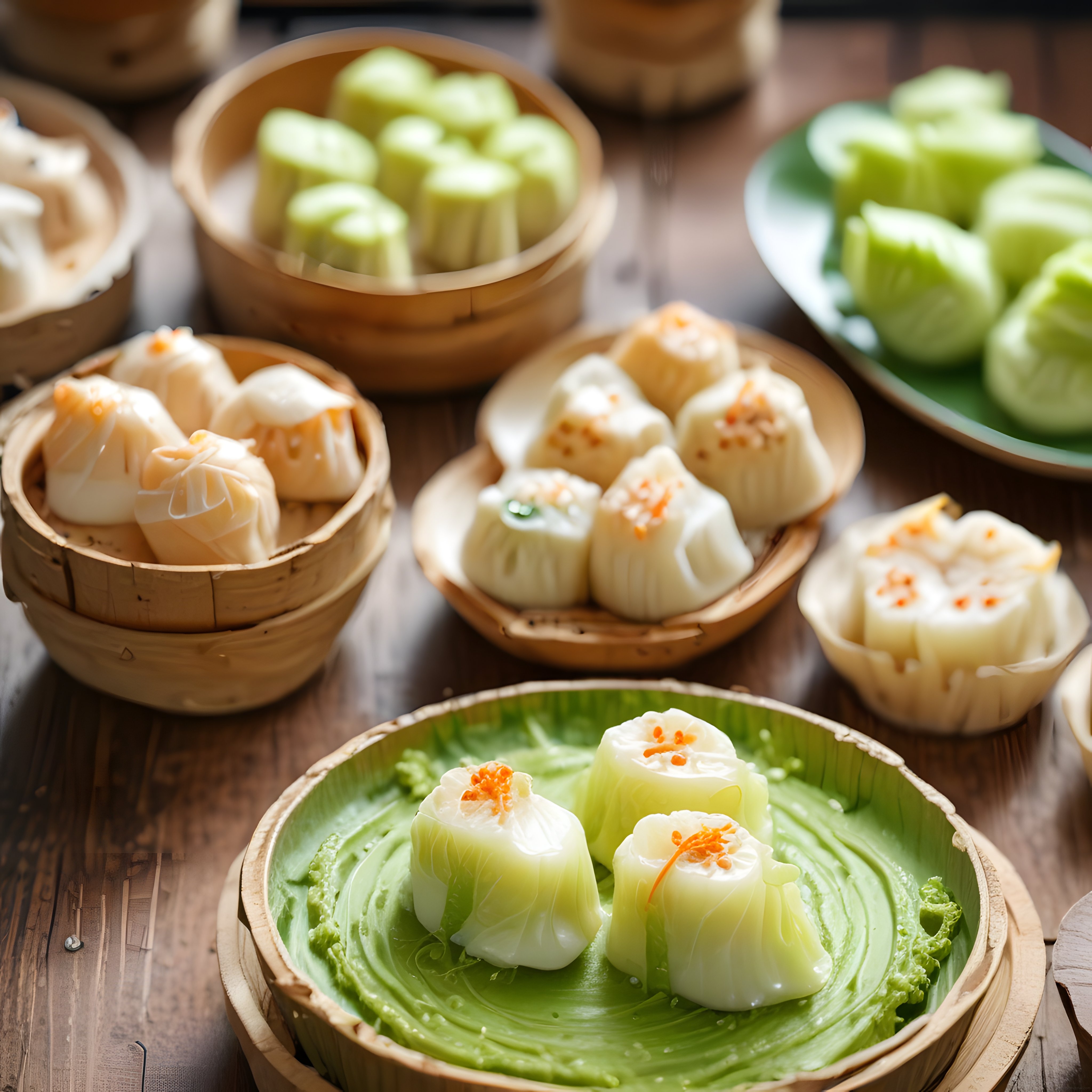 Bambu Buharda Pişmiş Renkli Dim Sum Mantı Çeşitleri ve Asya Mutfağı Sunumu