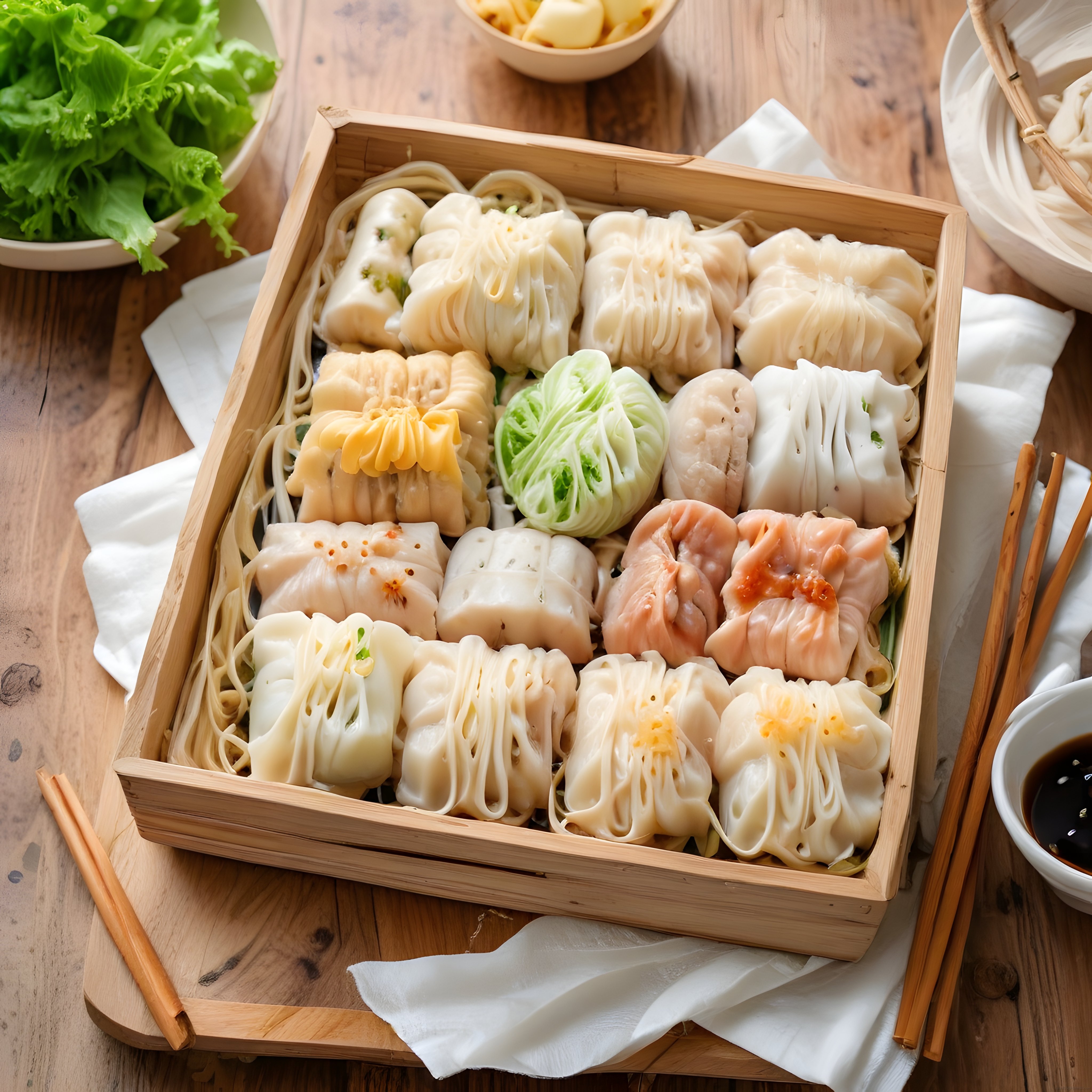 Bambu Buharda Renkli Çeşitli Dim Sum Mantıları ve Soya Sosu Eşliğinde