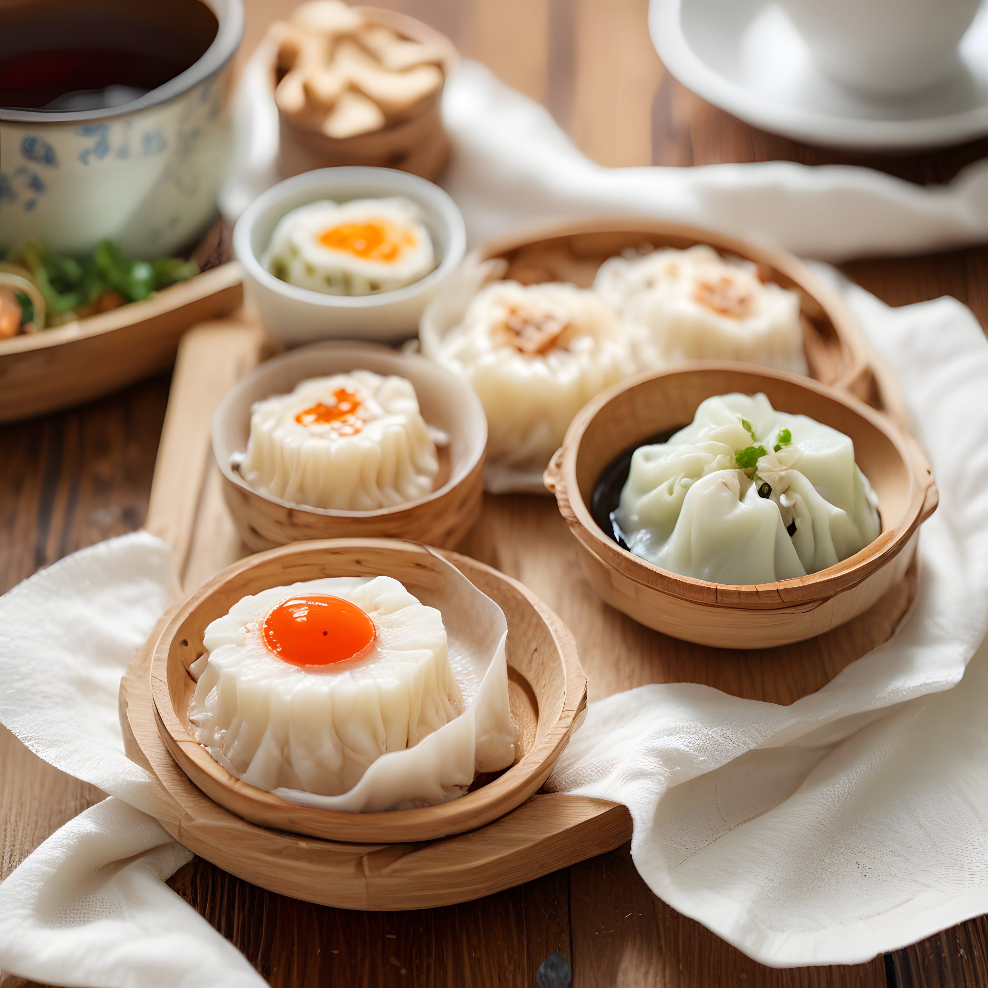 Bambu Buharda Sunulan Taze Dim Sum Çeşitleri ve Çay Eşliğinde Asya Kahvaltısı