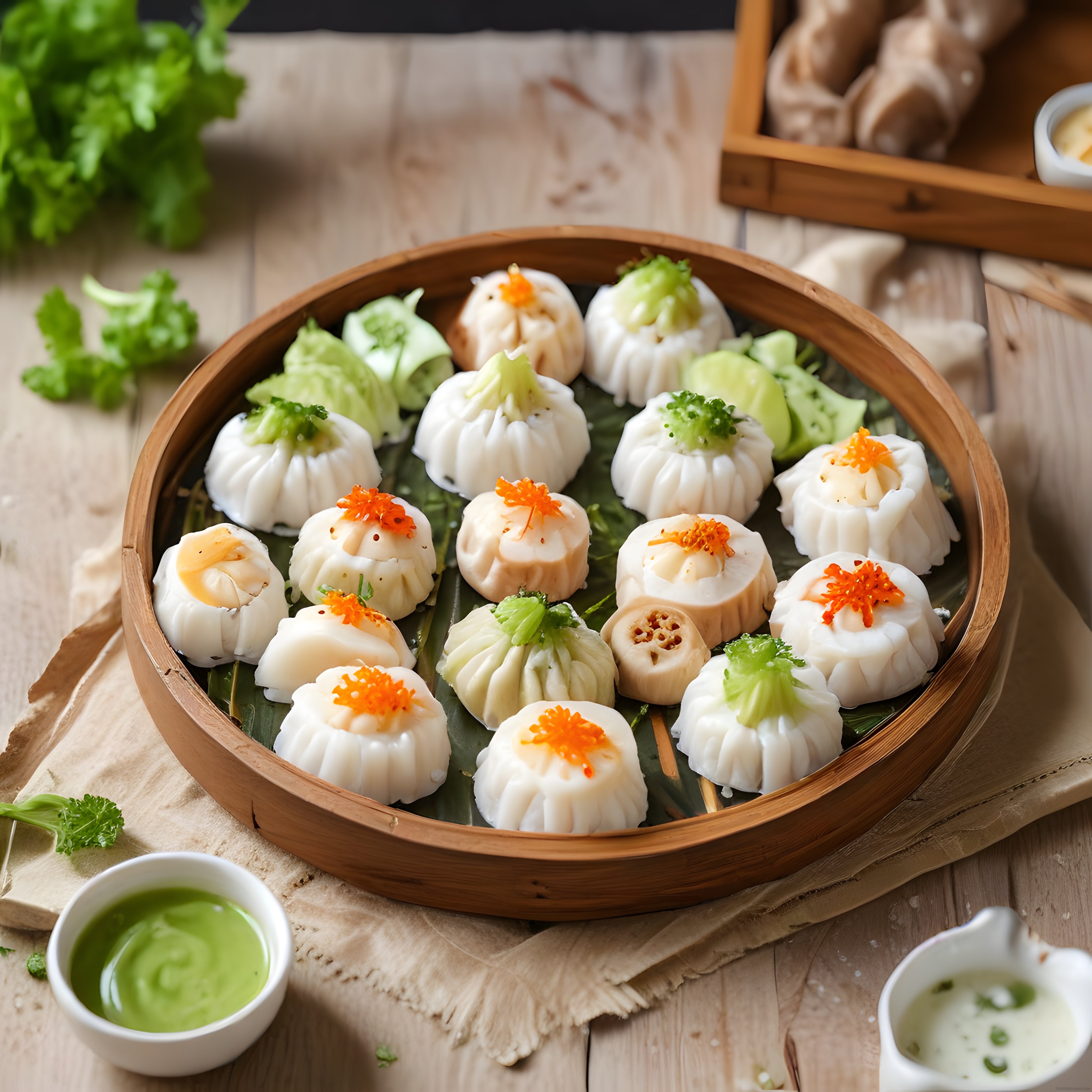 Bambu buhardanda renkli dim sum çeşitleri ve özel soslarla çekilmiş gurme yemek fotoğrafı