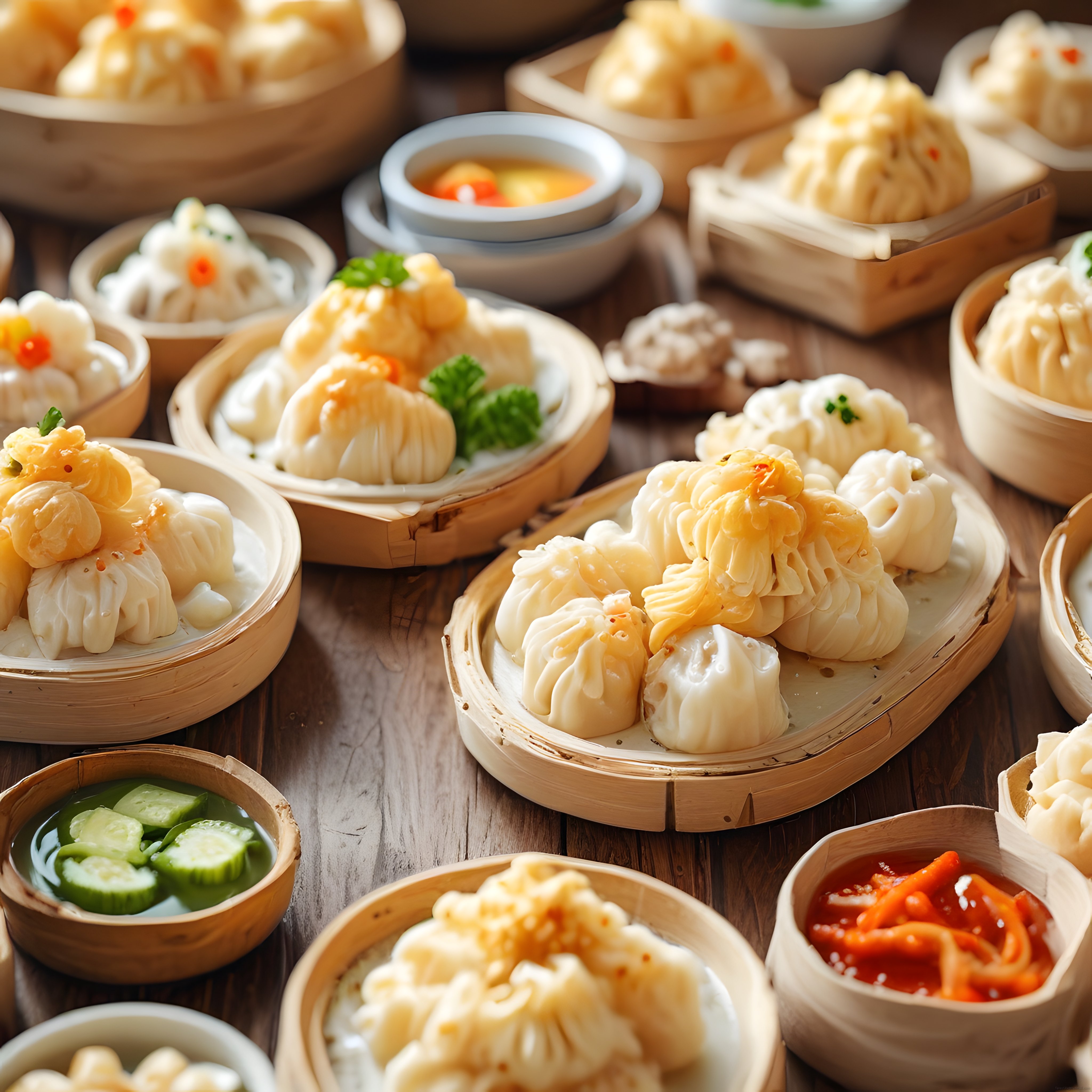 Bambu Buhardanlıklarda Sunulan Taze Dim Sum Mantıları ve Uzak Doğu Sosları
