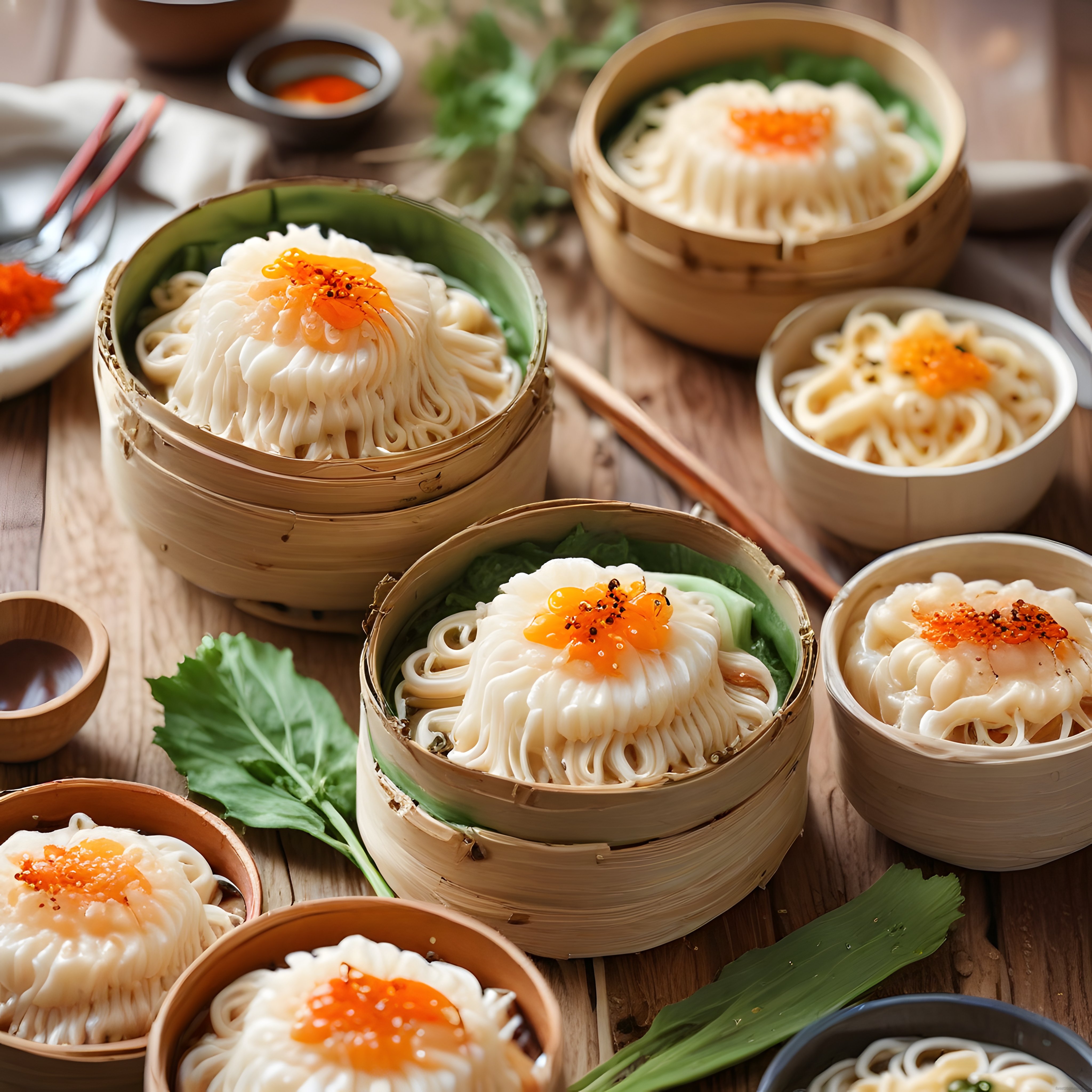 Bambu Buharde Sunulmuş Asya Erişteleri ve Havyarlı Dim Sum Sunumu