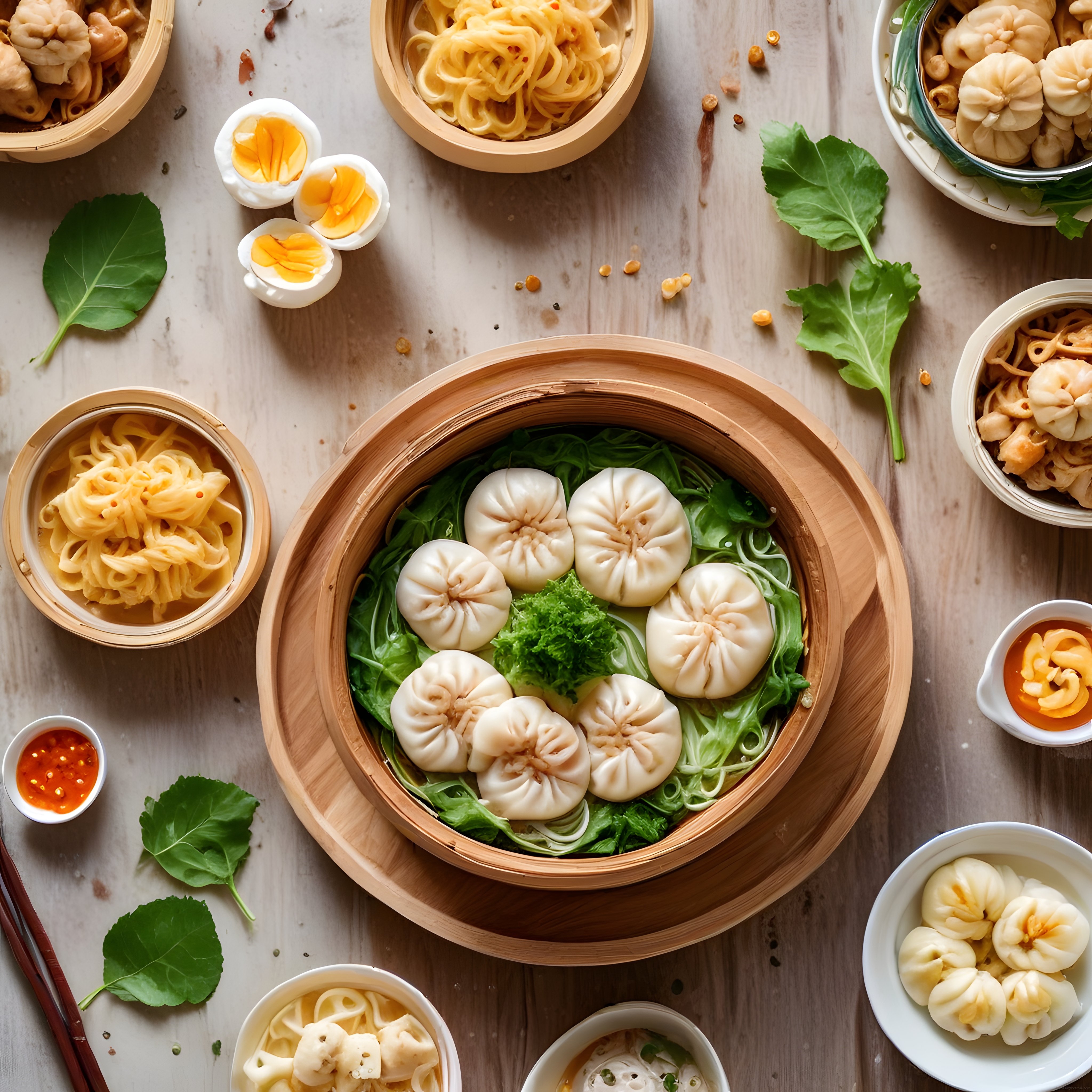 Bambu Buharında Dim Sum ve Erişteden Oluşan Uzak Doğu Sofrası