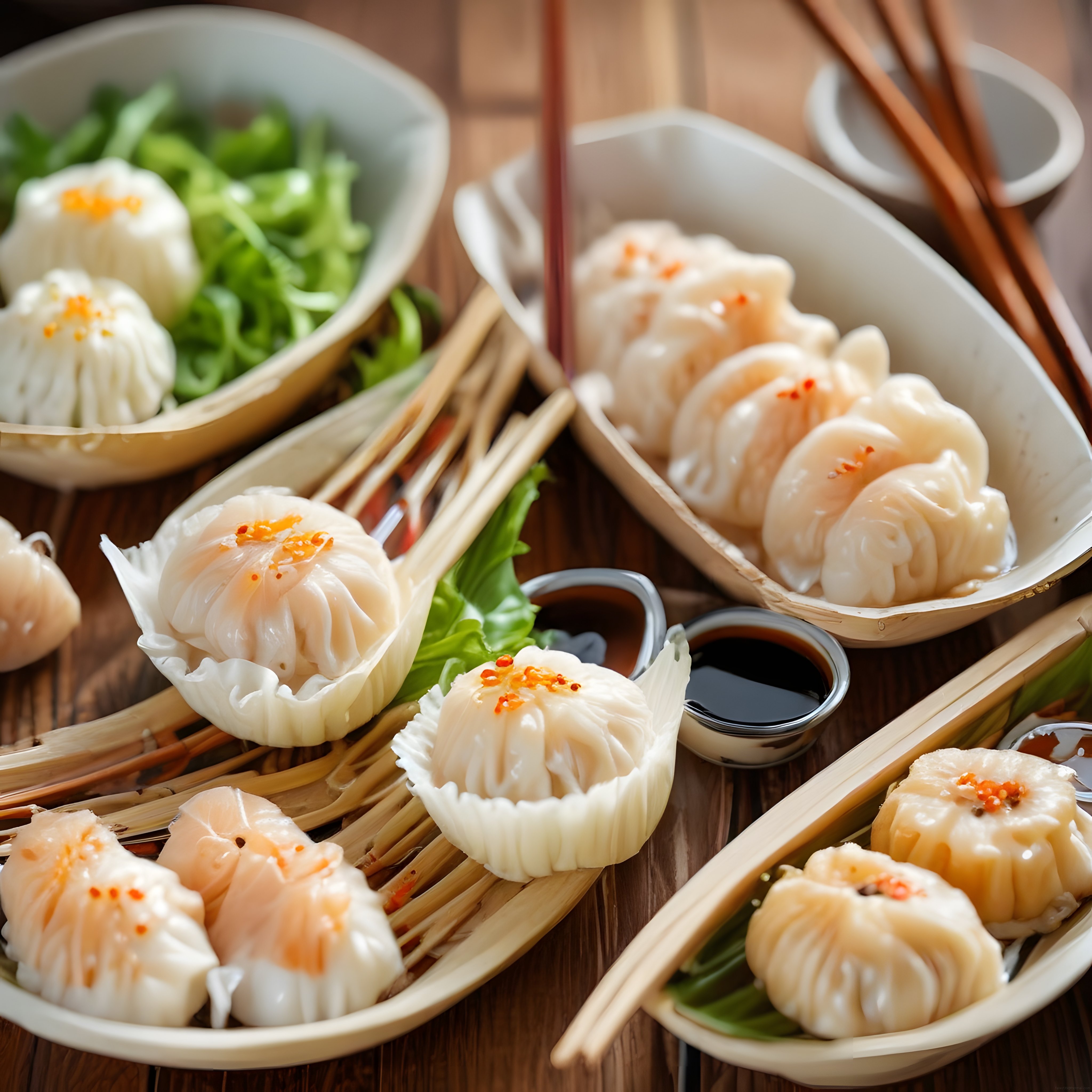 Bambu Buharında Servis Edilen Geleneksel Karidesli Dim Sum ve Shumai Mantıları