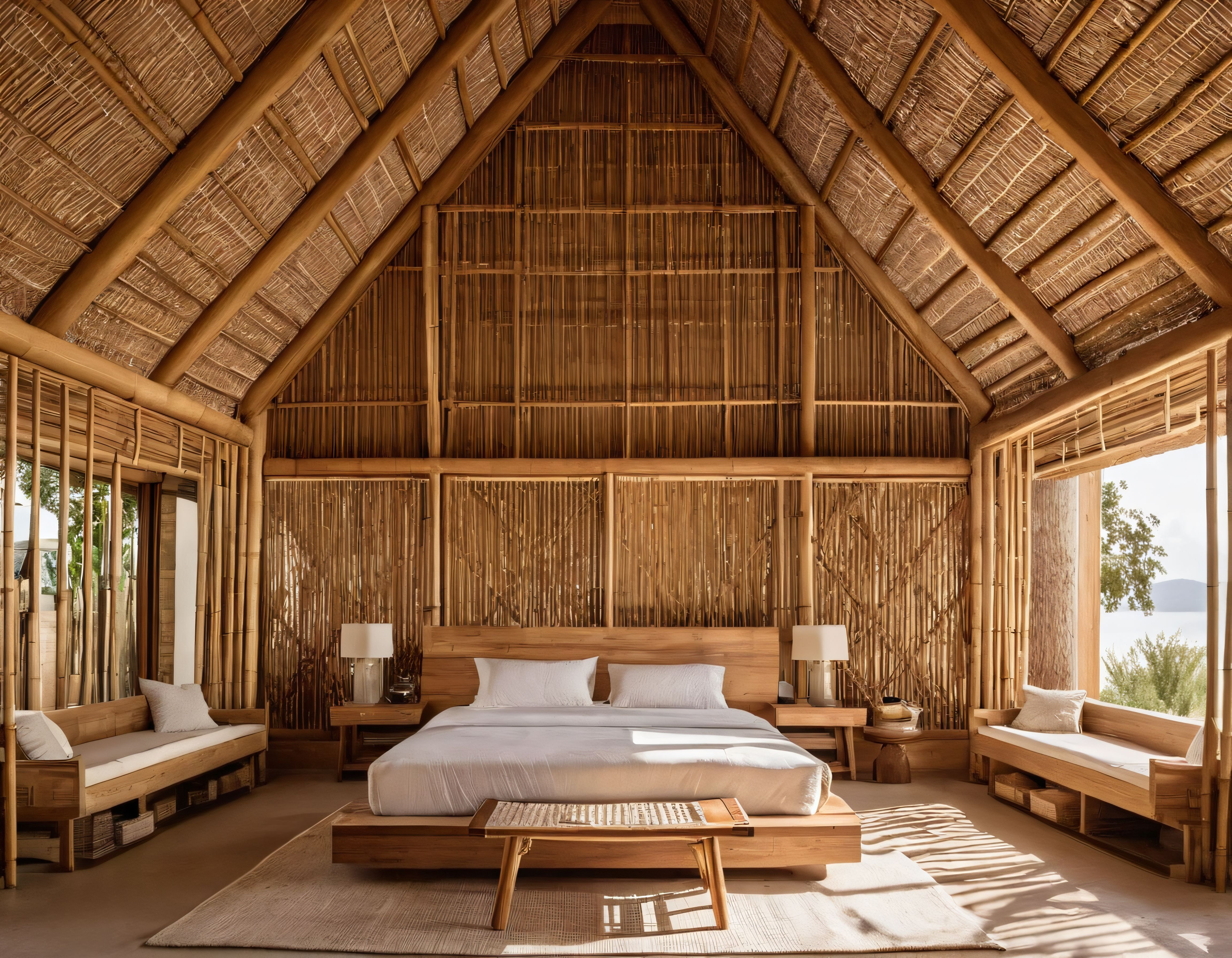 Bambu Çatı ve Duvarlara Sahip Eko Tatil Köyü Otel Odası İç Mekânı