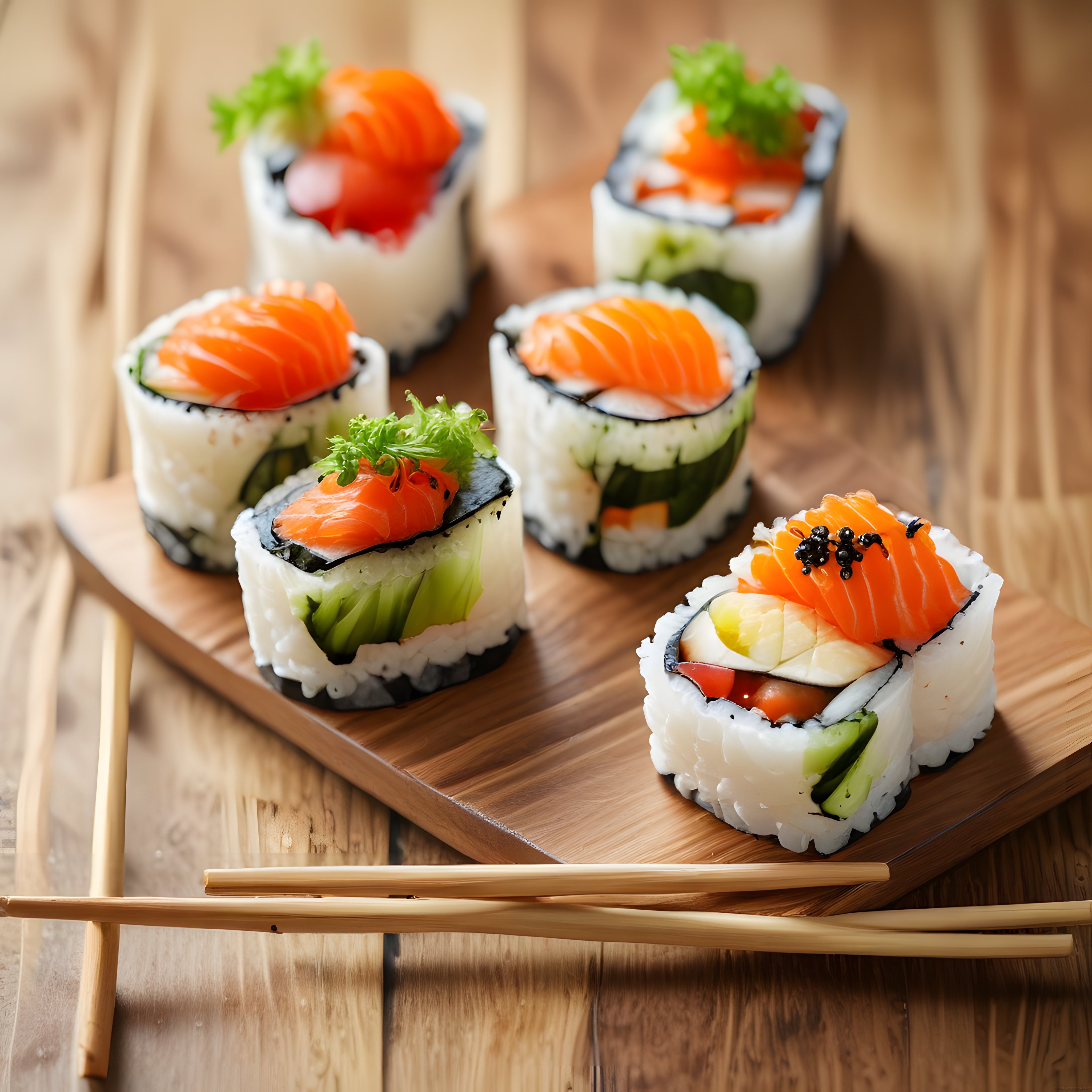 Bambu Chopstickler Eşliğinde Taze Somonlu Sushi Ruloları Sunumu