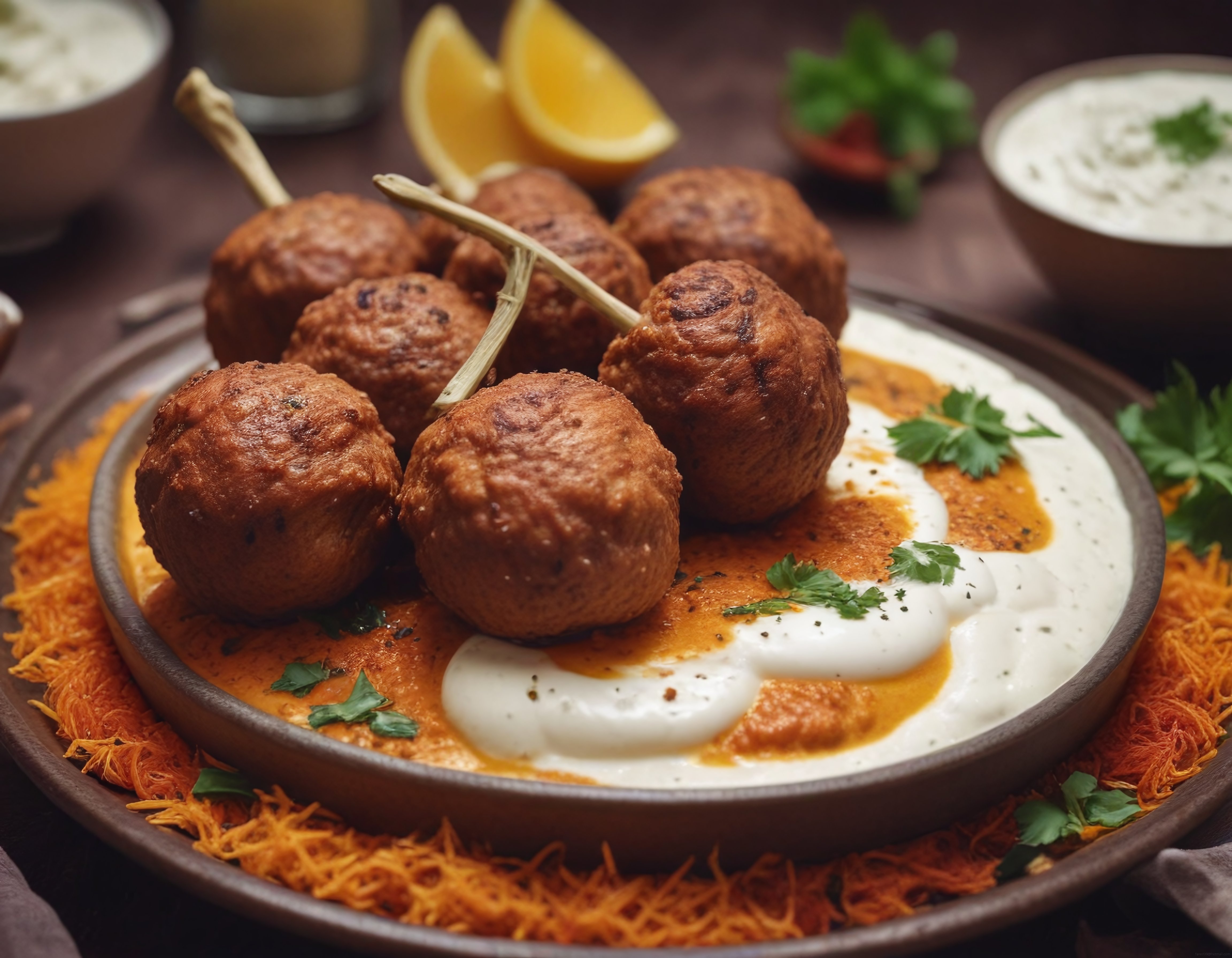 Bambu Çöp Şişte Soslu Köfte Sunumu: Yoğurt ve Baharatlı Lezzet