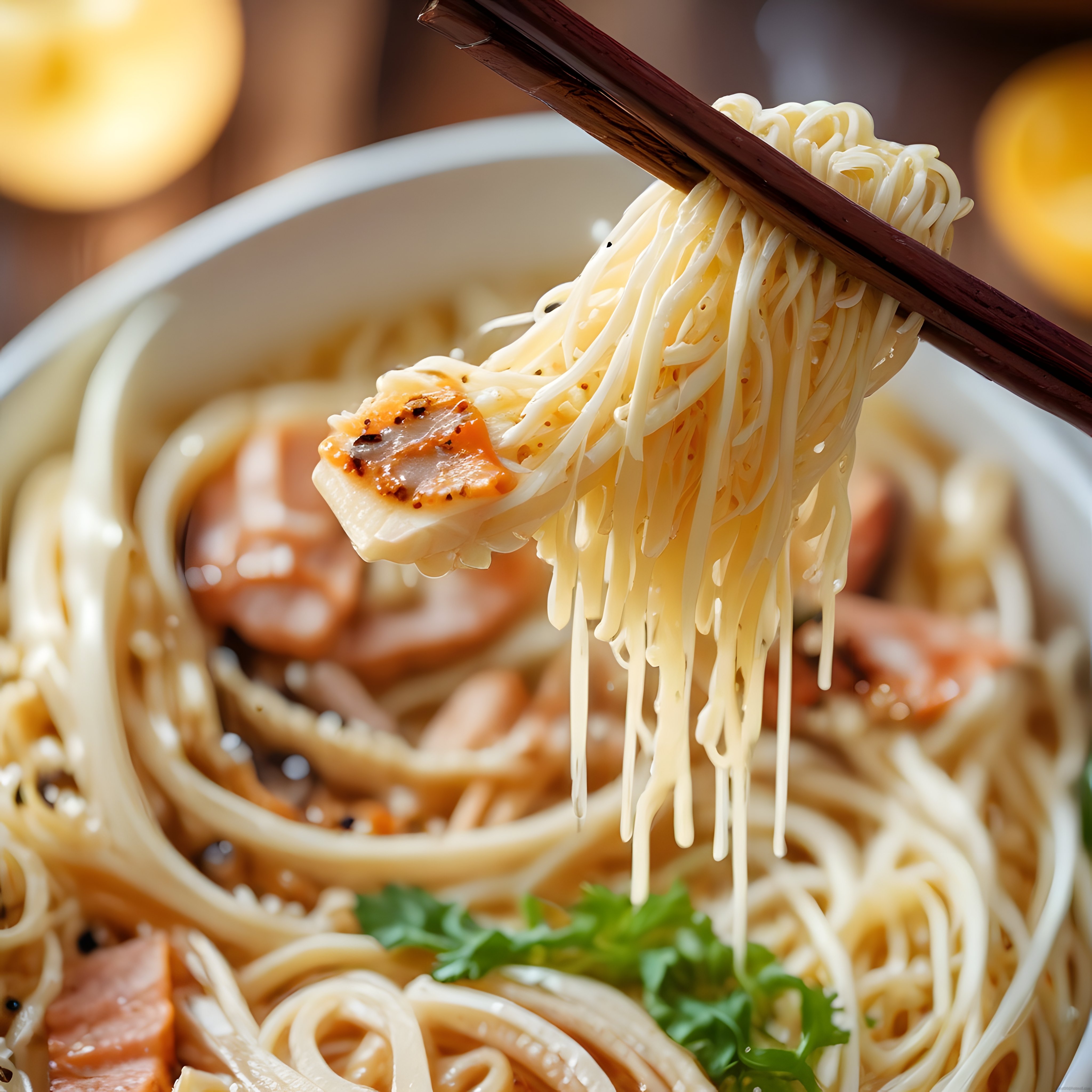 Bambu çubuklarla tutulan taze noodle çorbası ve kızarmış et dilimleri