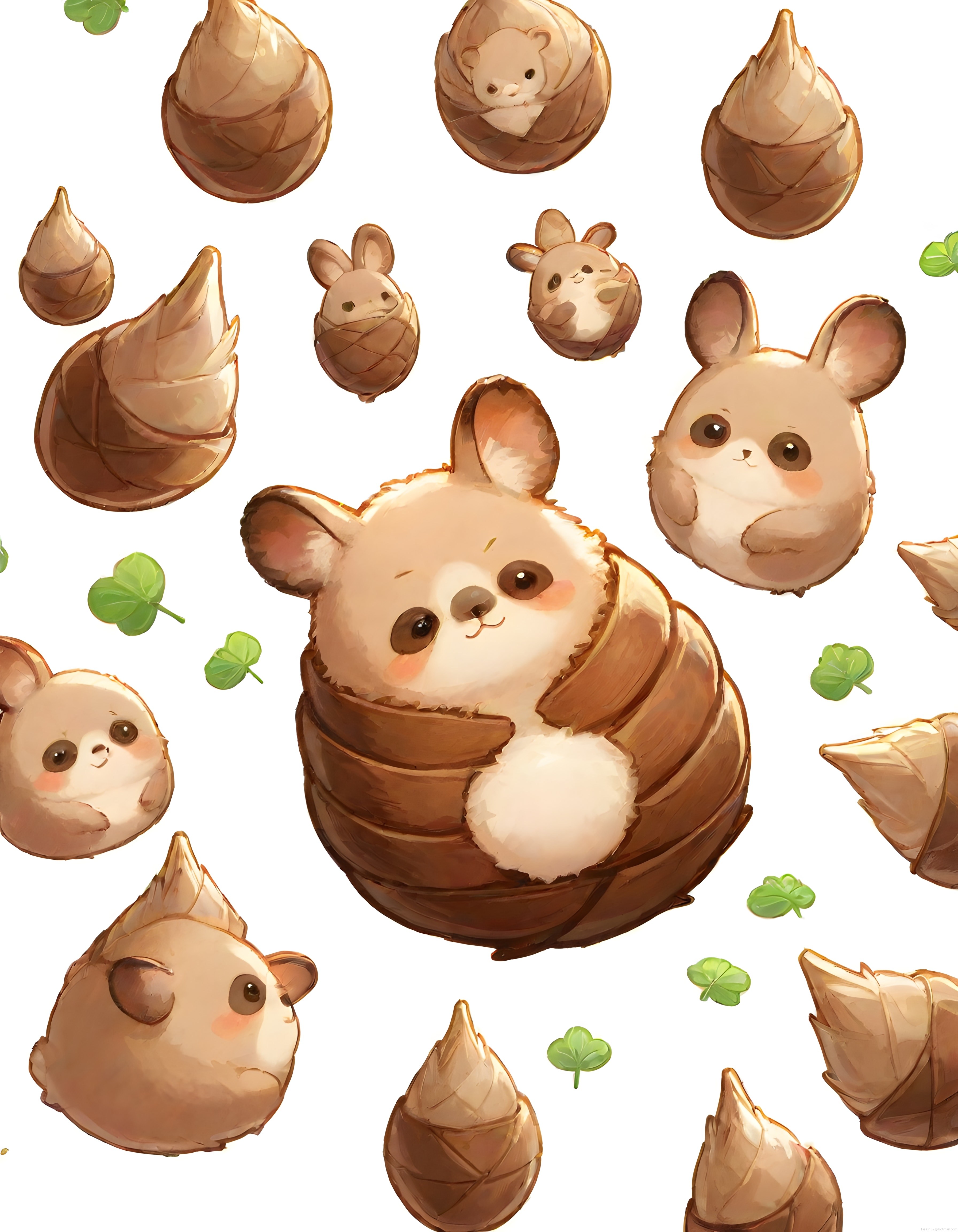 Bambu filizi kıyafetli sevimli hamsterlar: Tatlı dijital illüstrasyon deseni