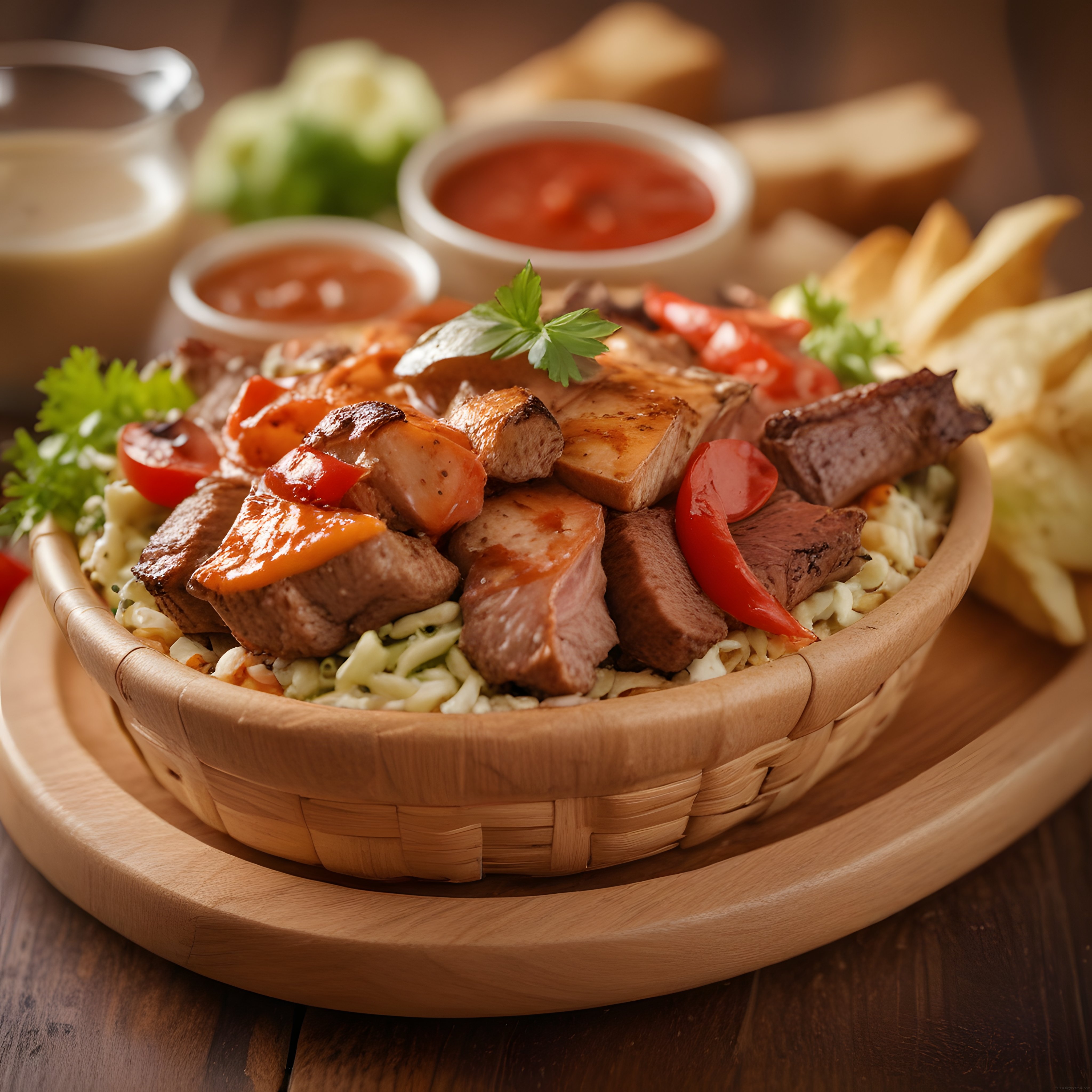 Bambu kapta ızgara et, makarna ve kızarmış patates ile renkli yemek sunumu
