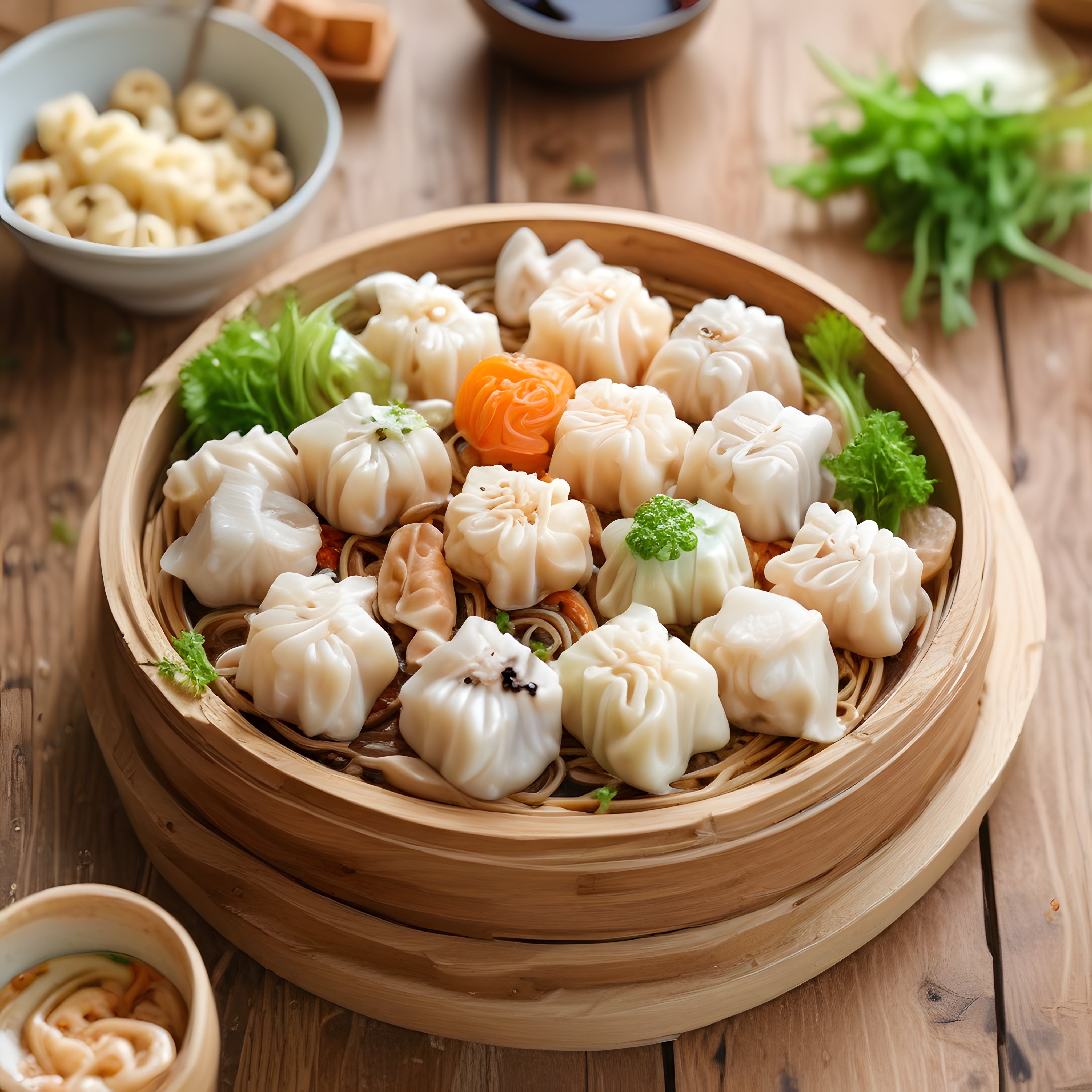 Bambu kasede buharda pişmiş dim sum ve mantı çeşitleri