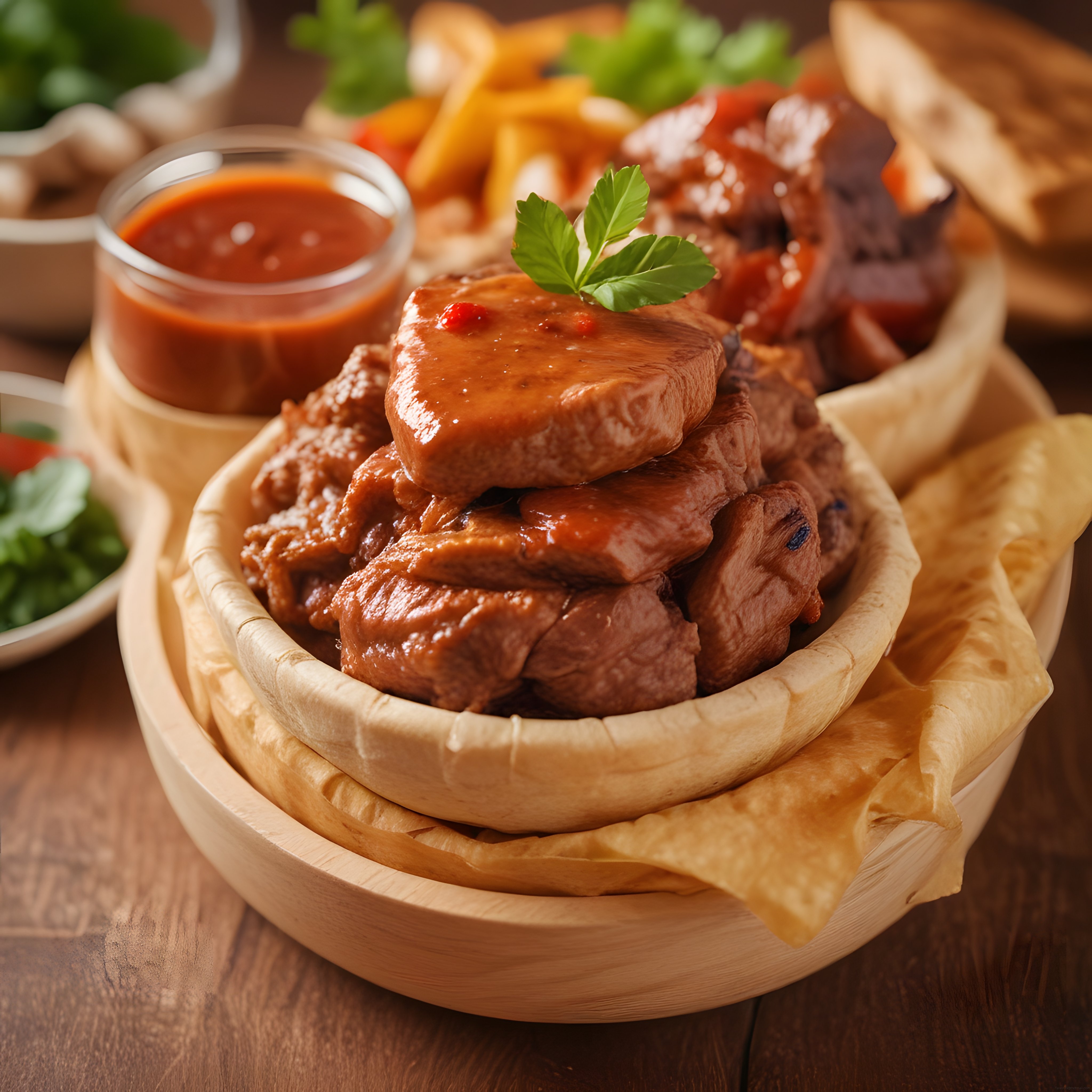 Bambu Kasede Parlak Soslu Izgara Et ve Baharatlı Acılı Dip Sosu