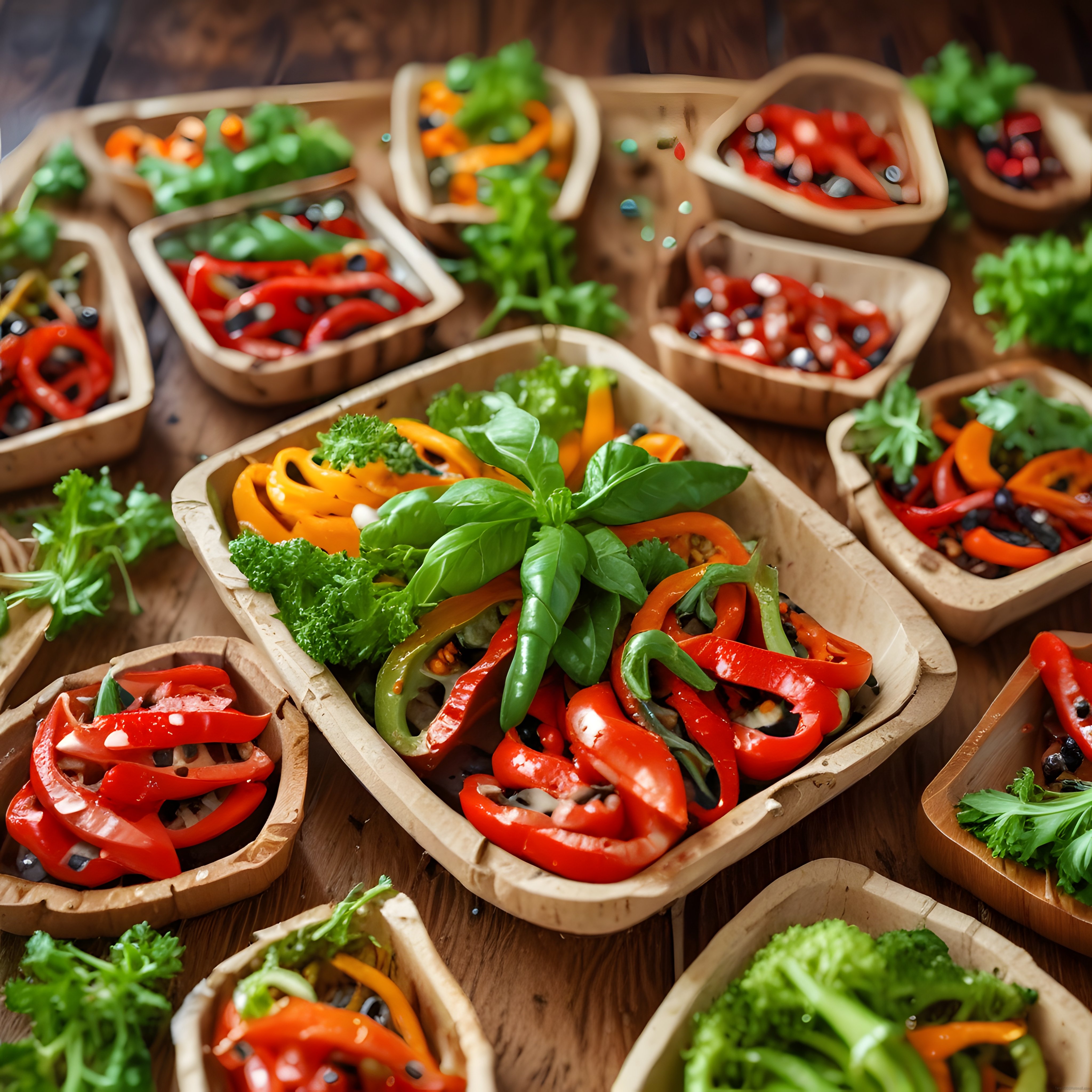 Bambu Kaselerde Renkli Biber ve Yeşillikli Organik Meze Sunumu