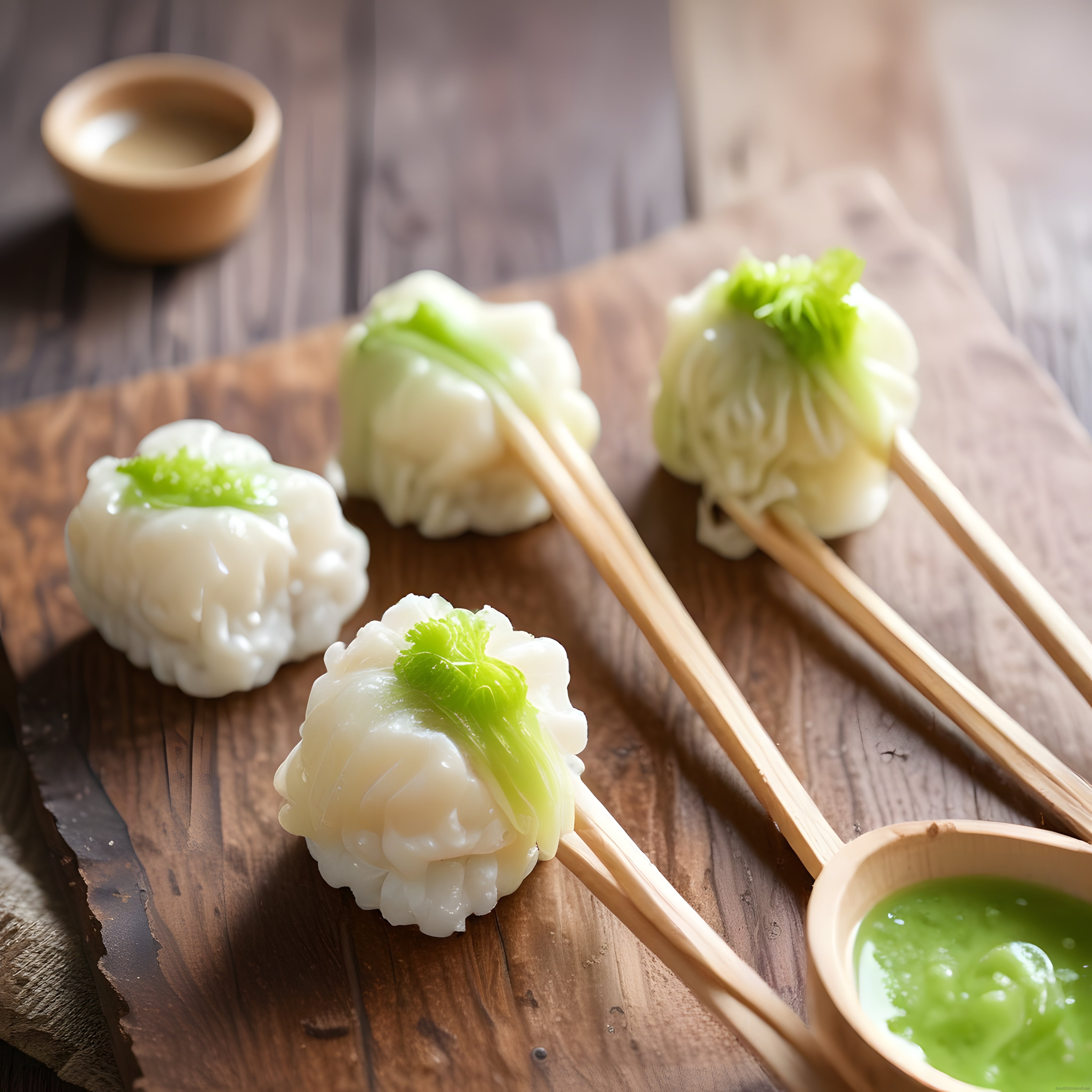 Bambu kaşıklar üzerinde şeffaf hamurlu dim sum ve yeşil sos sunumu