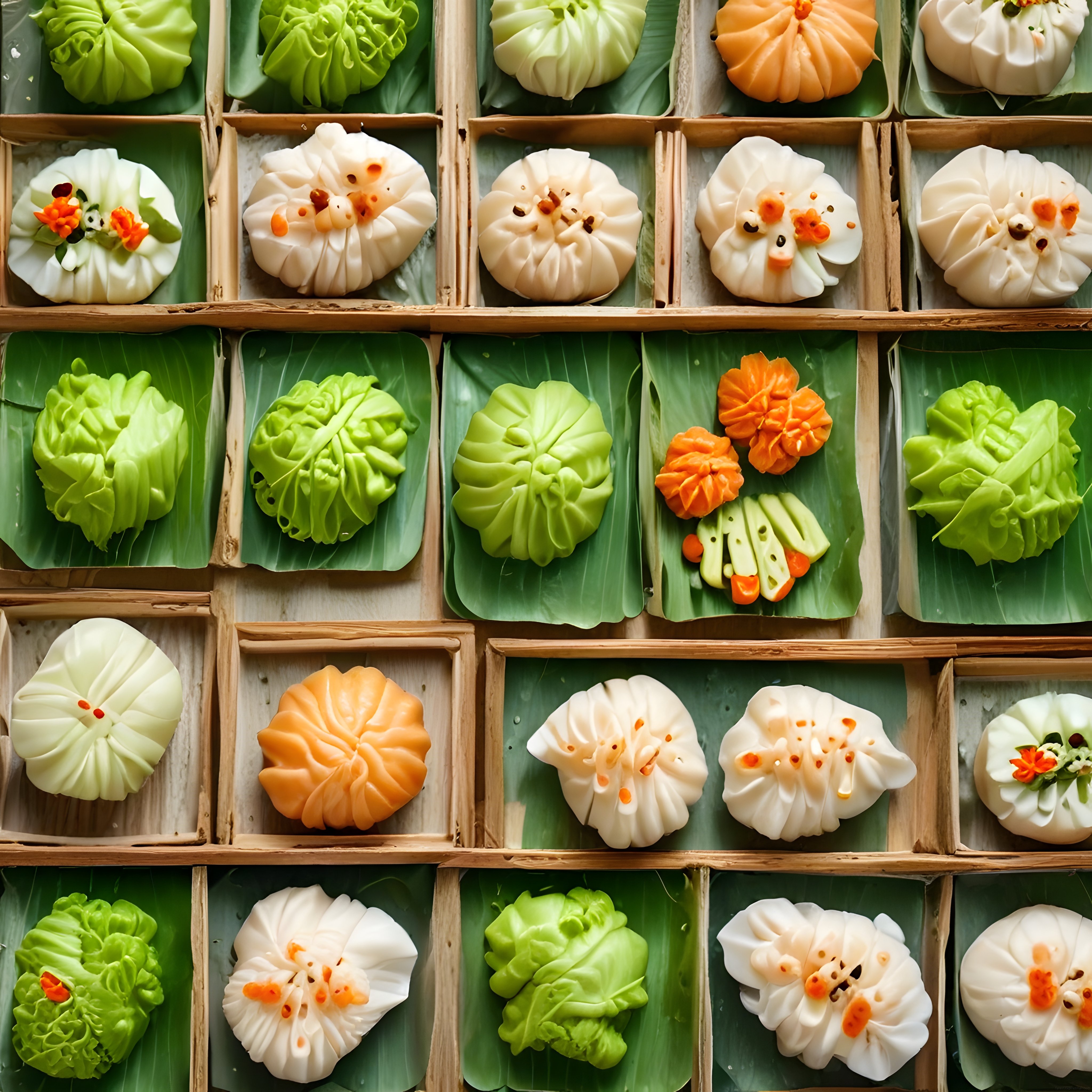 Bambu Kutularda Çiçek Şeklinde Sunulan Renkli Asya Mantısı ve Dim Sum Çeşitleri