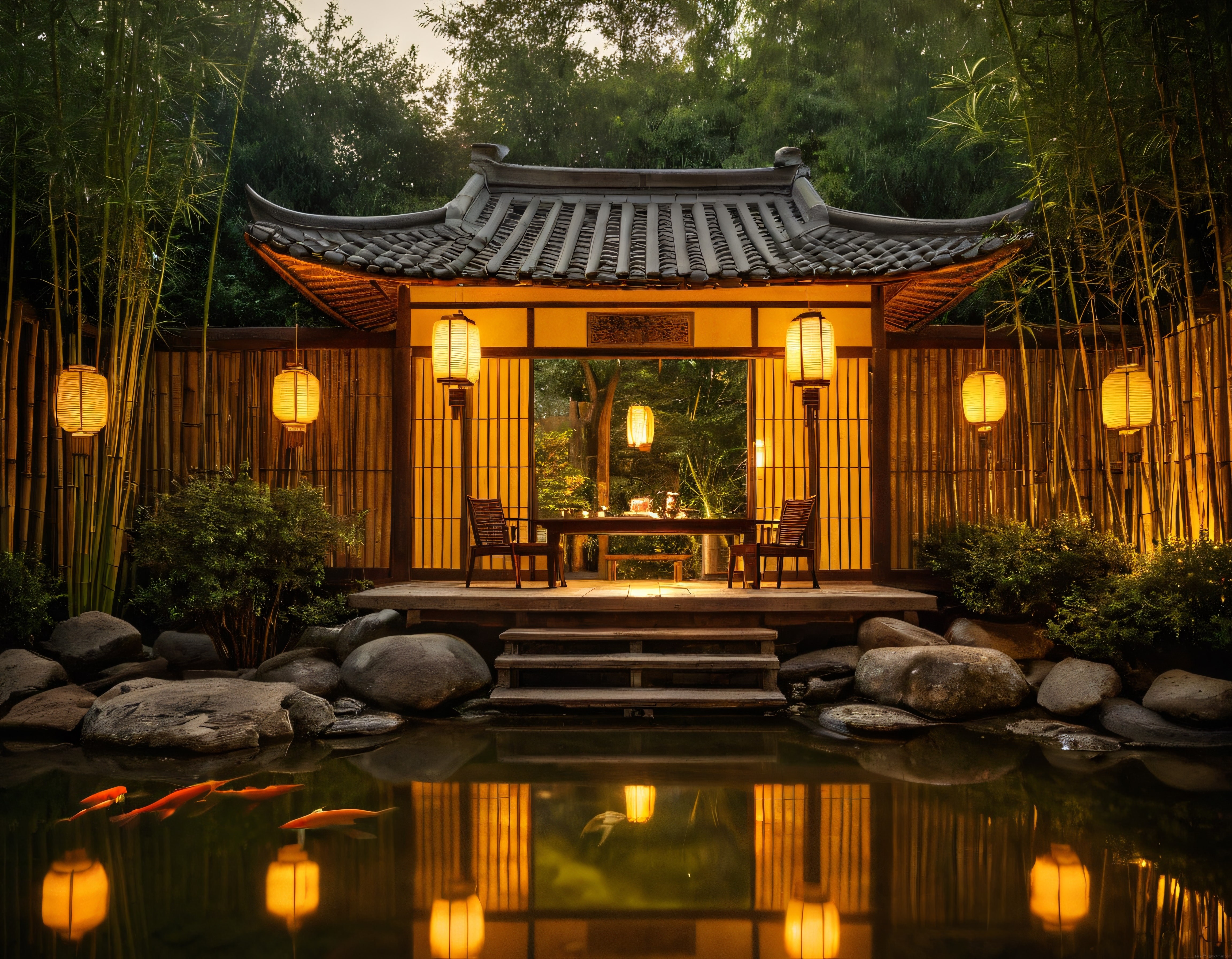 Bambu Ormanı İçinde Geleneksel Japon Çay Evi ve Koi Balıklı Zen Bahçesi