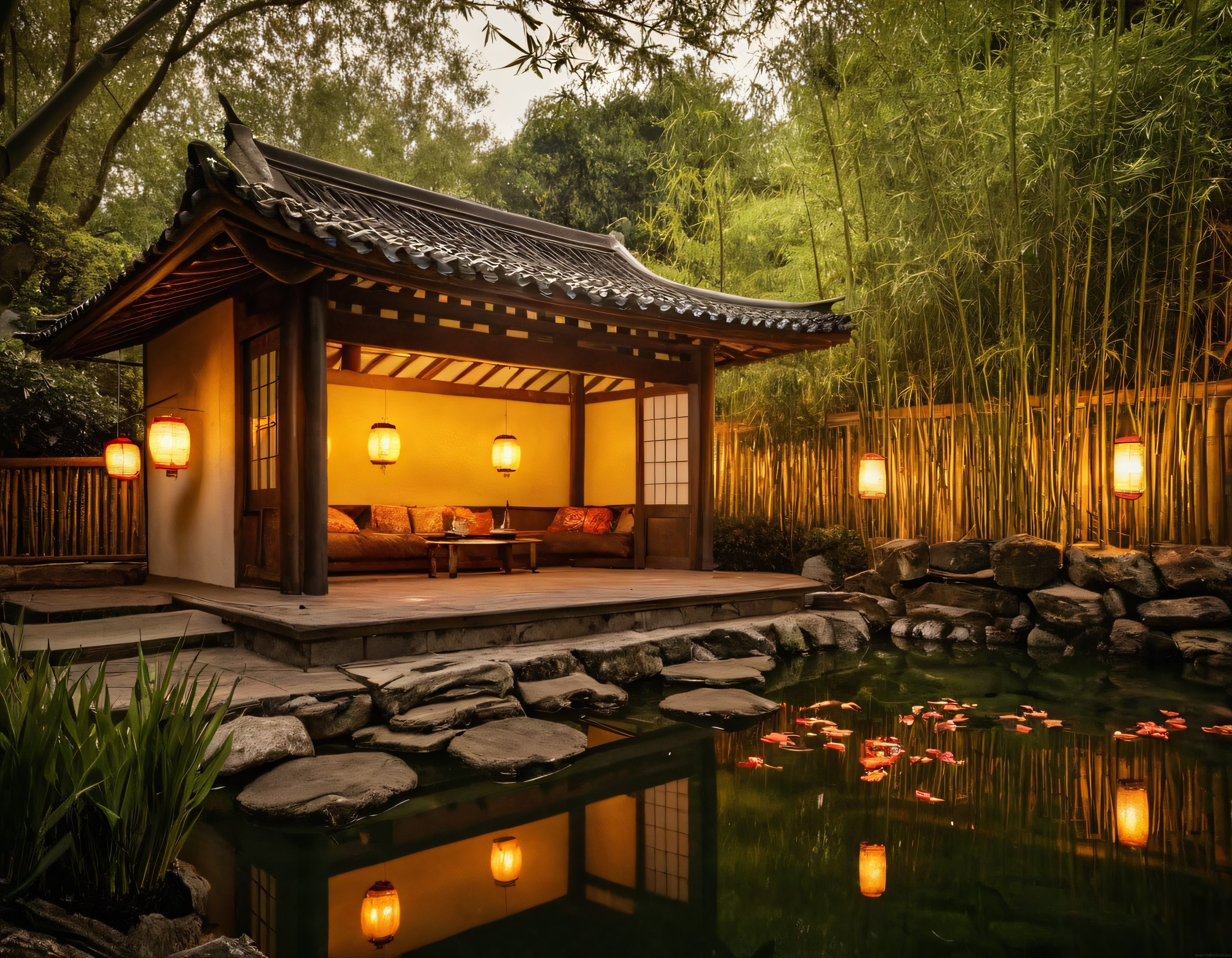 Bambu Ormanı İçindeki Geleneksel Ahşap Ev ve Zen Bahçesi Manzarası