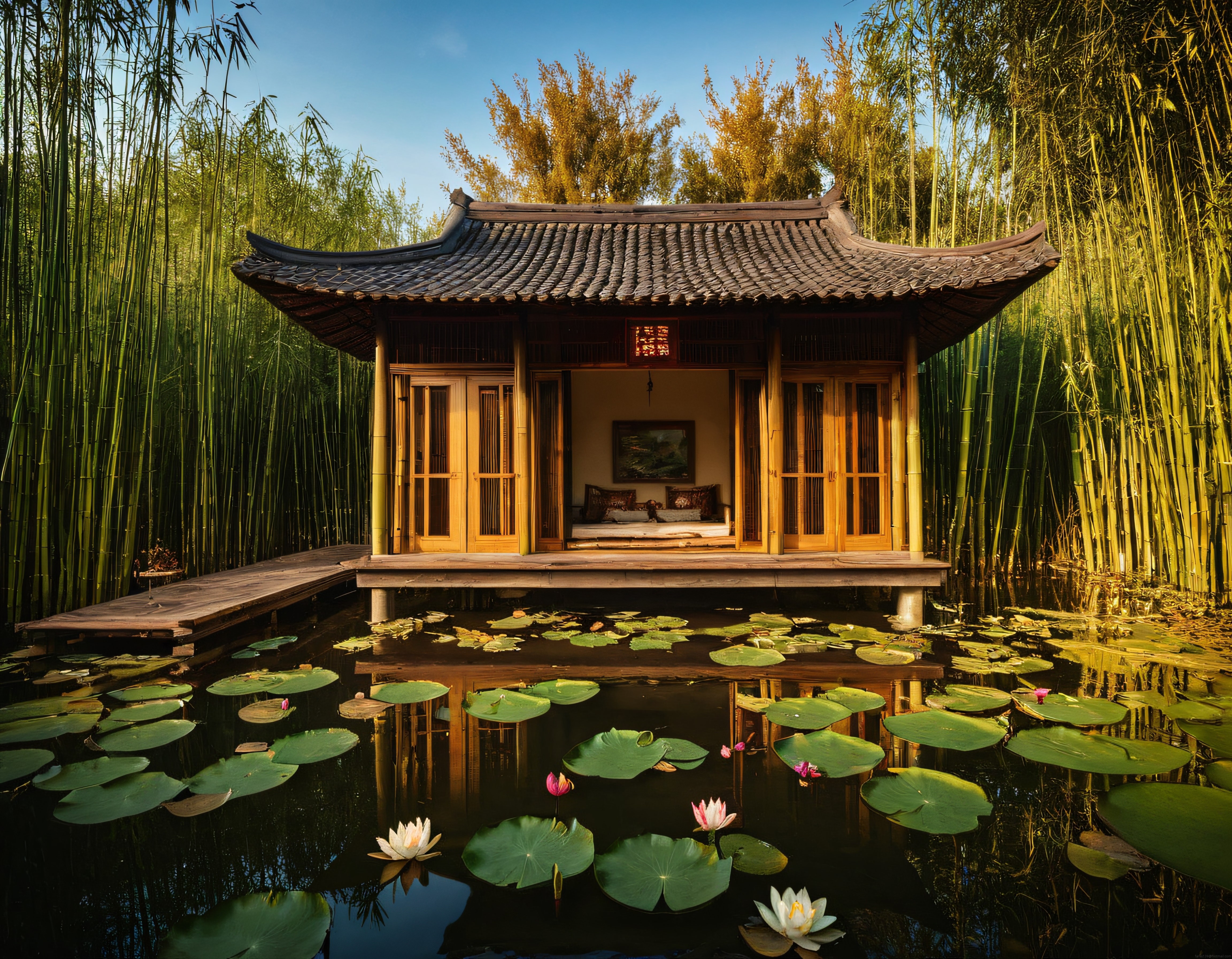 Bambu Ormanı İçindeki Geleneksel Ahşap Pagoda ve Lotus Çiçekli Göl Manzarası