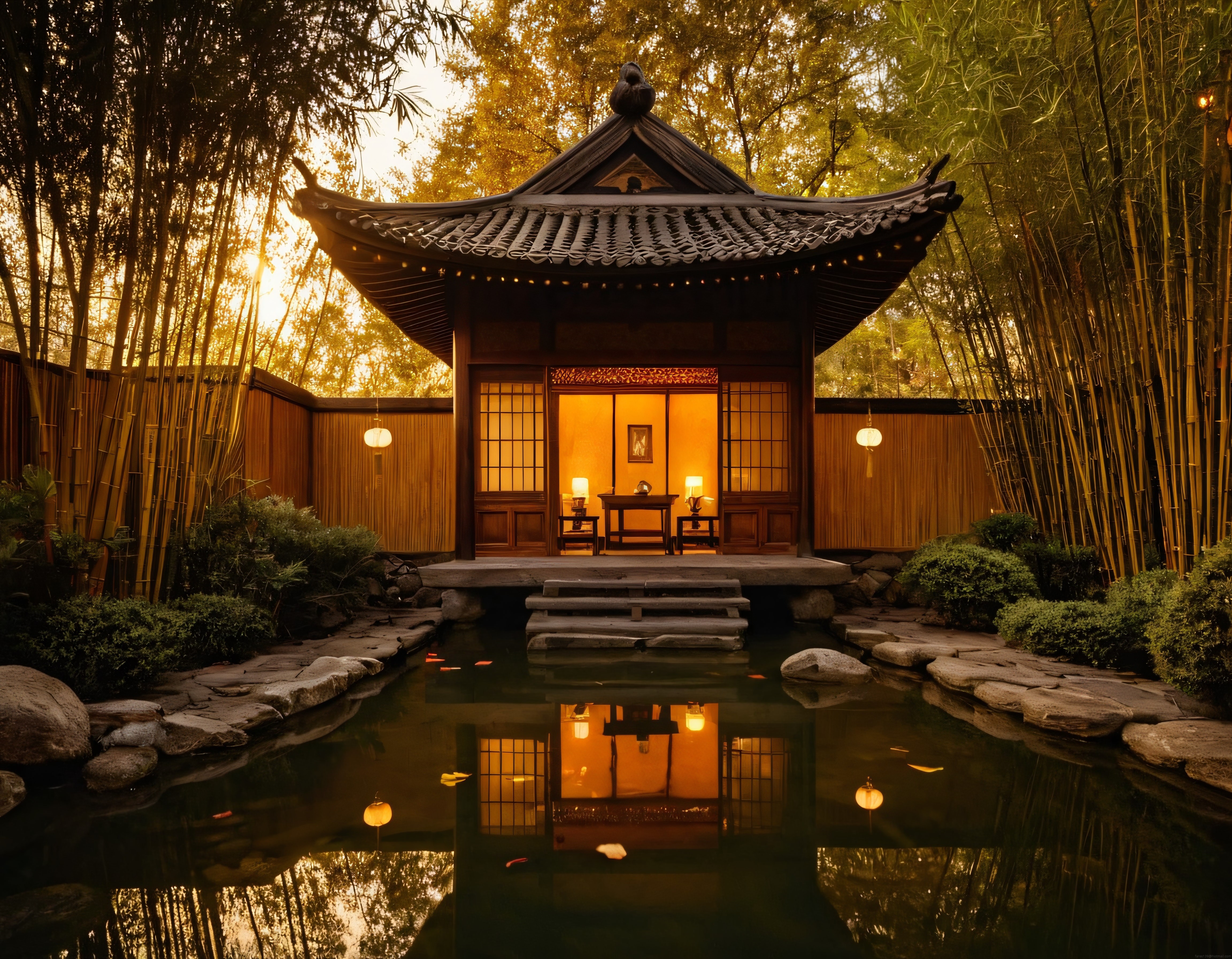 Bambu ormanı içindeki geleneksel Japon evi ve havuzda yansıyan sakin gün batımı