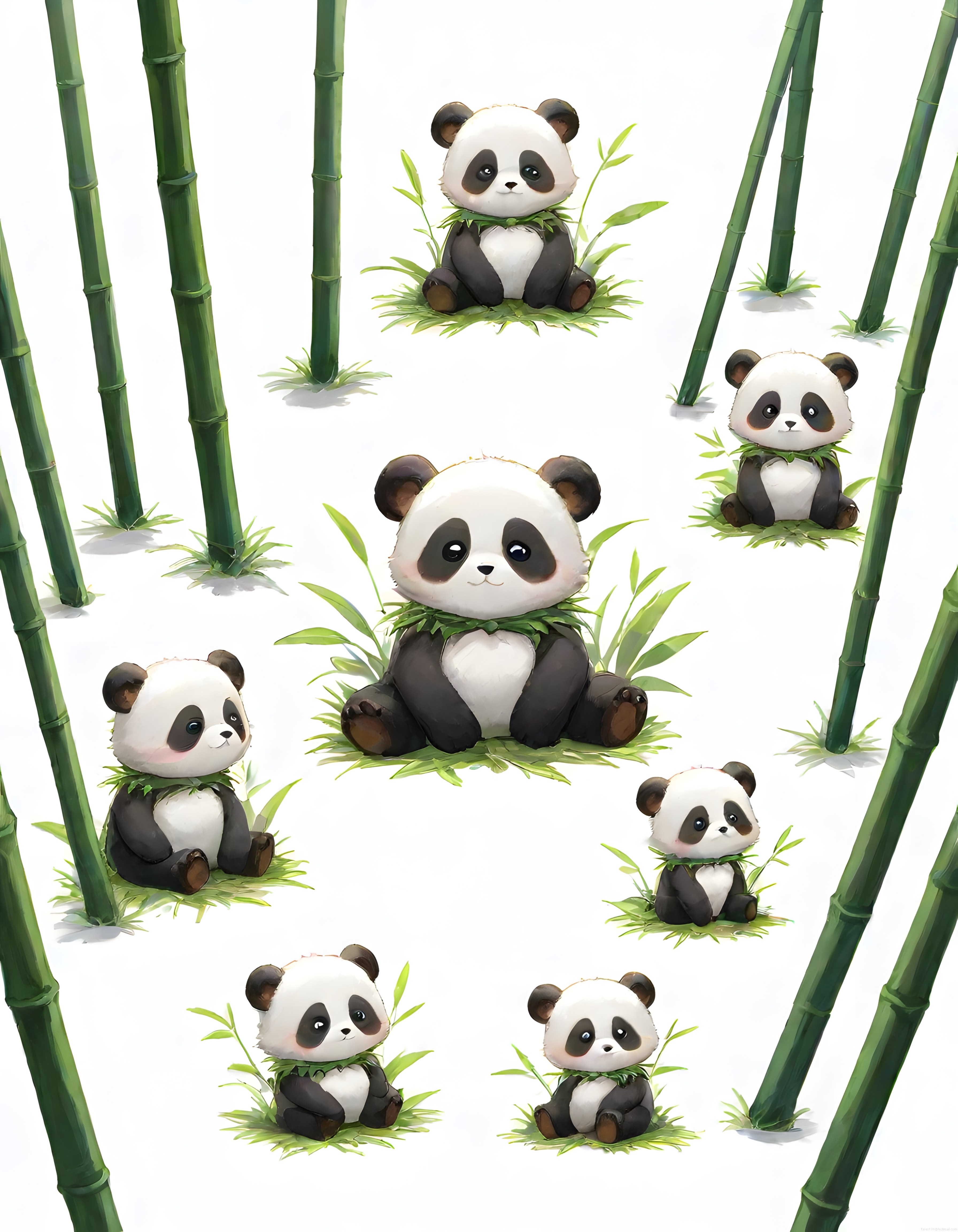 Bambu Ormanında Oturan Sevimli Anime Panda Ailesinin Dijital İllüstrasyonu