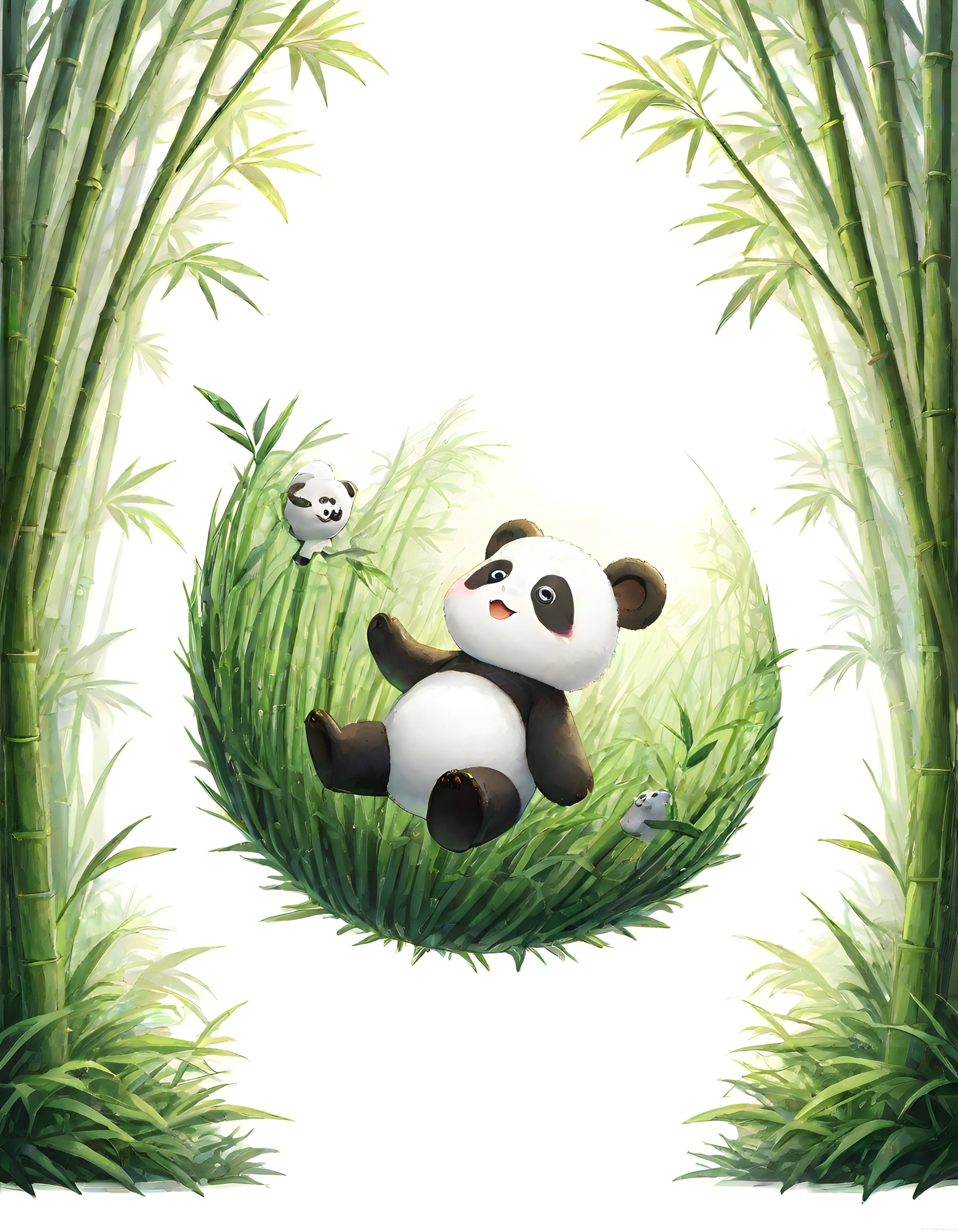 Bambu Ormanında Salıncakta Sallanan Sevimli Panda Dijital İllüstrasyon