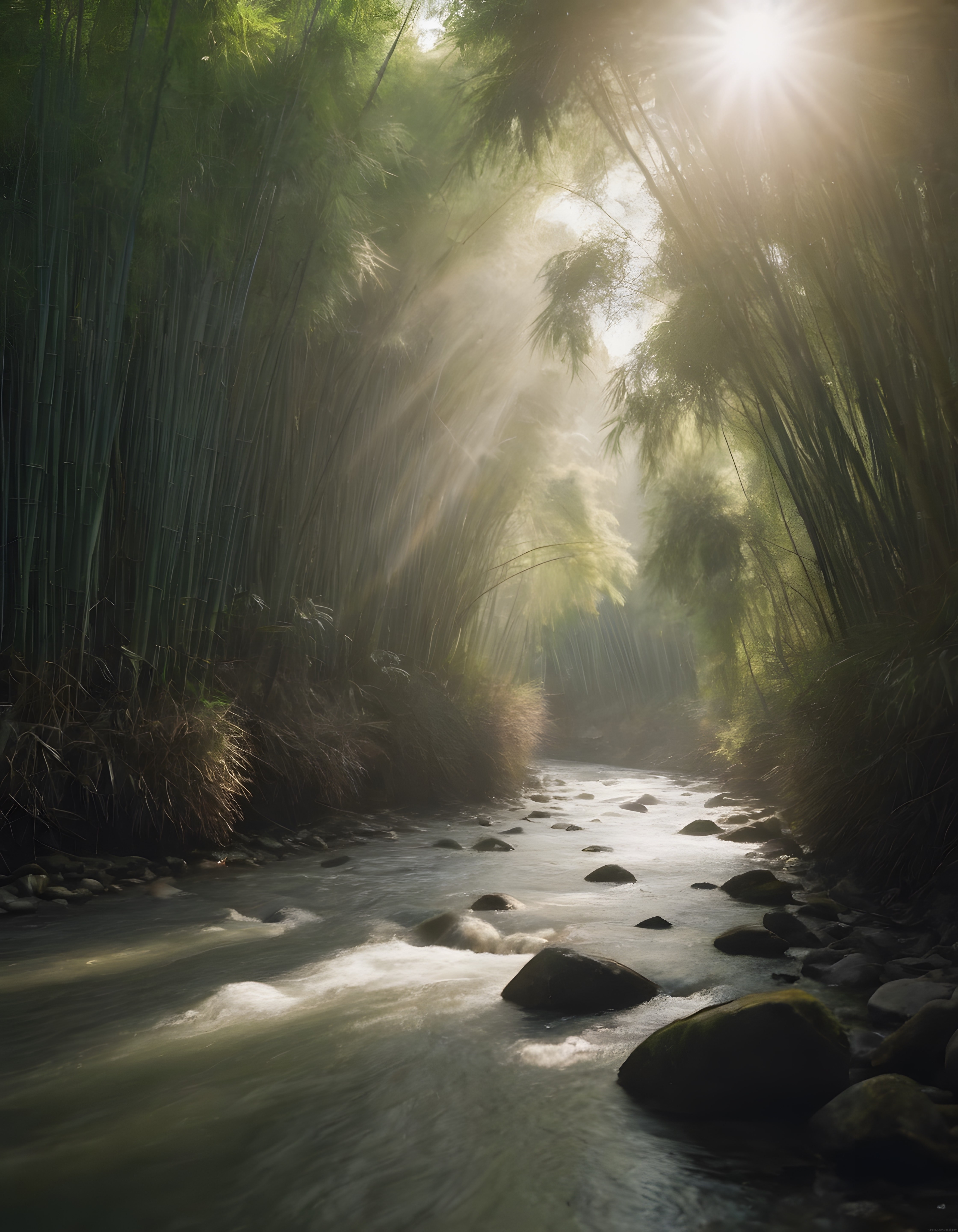 Bambu Ormanında Sisle Süslenmiş Gizemli Nehir ve Büyüleyici Güneş Işınları