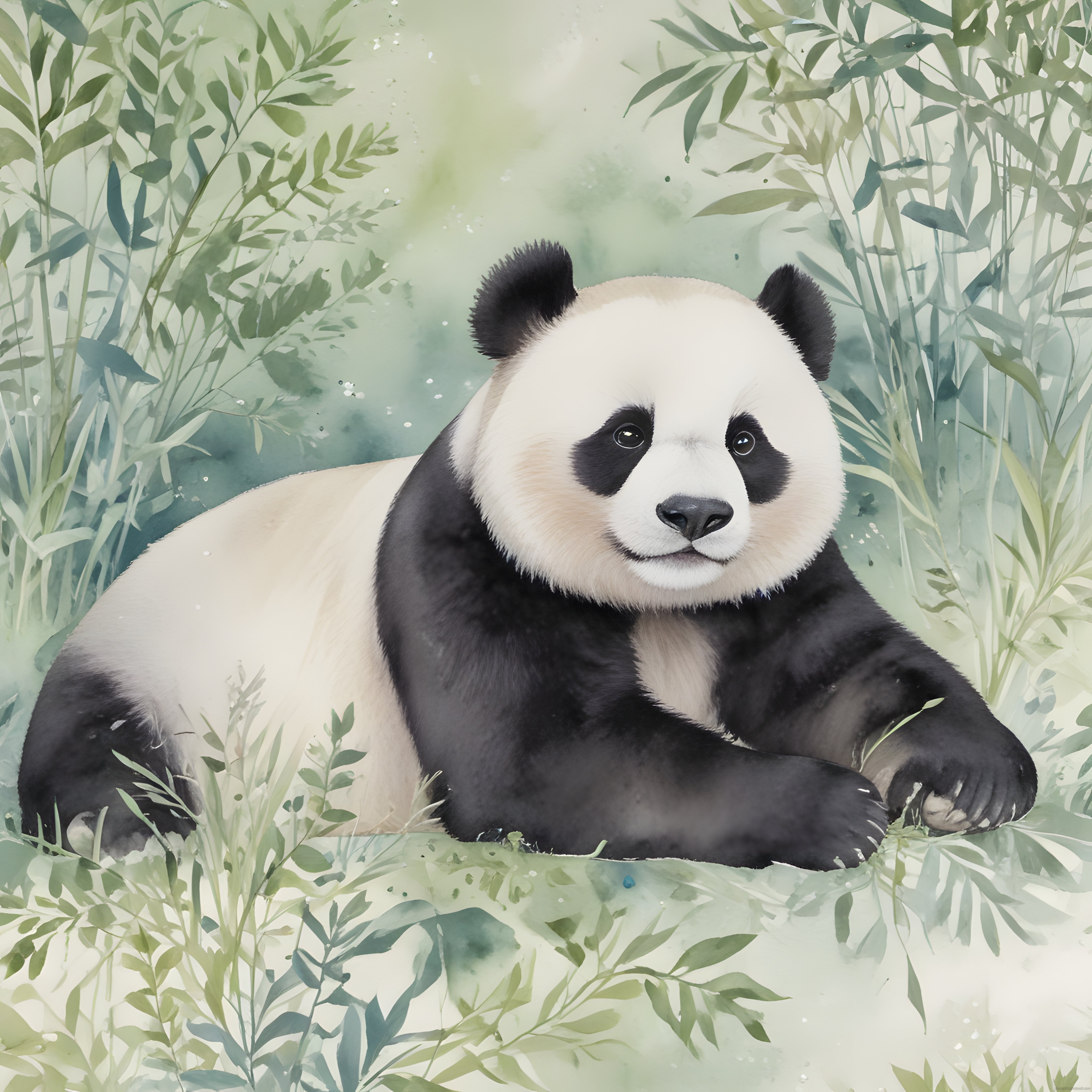Bambu Ormanında Yatan Sevimli Panda: Suluboya Tarzı Sanatsal Hayvan Portresi