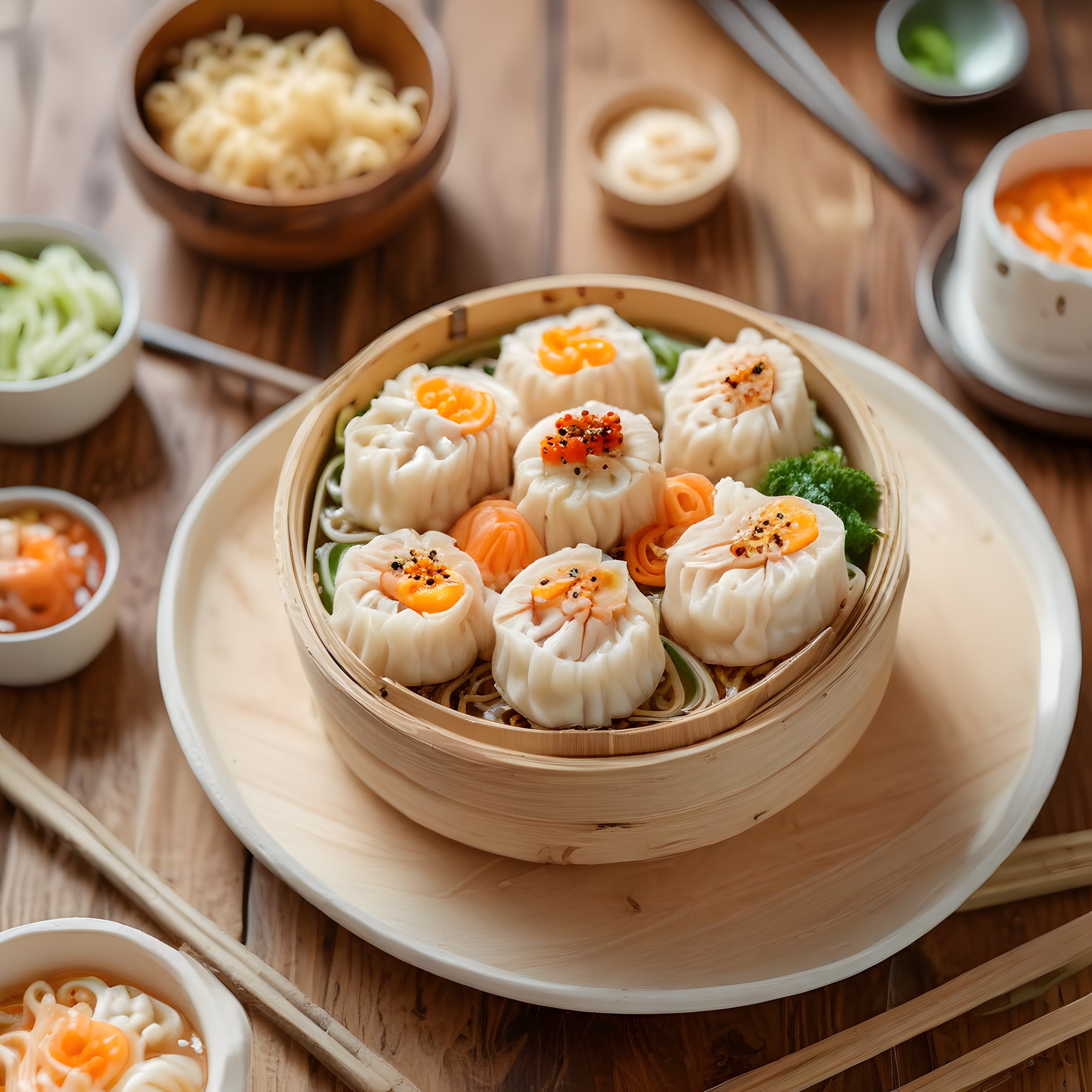 Bambu Sepetinde Asya Mutfağından Dim Sum ve Baharatlı Çiğ Börek Sunumu