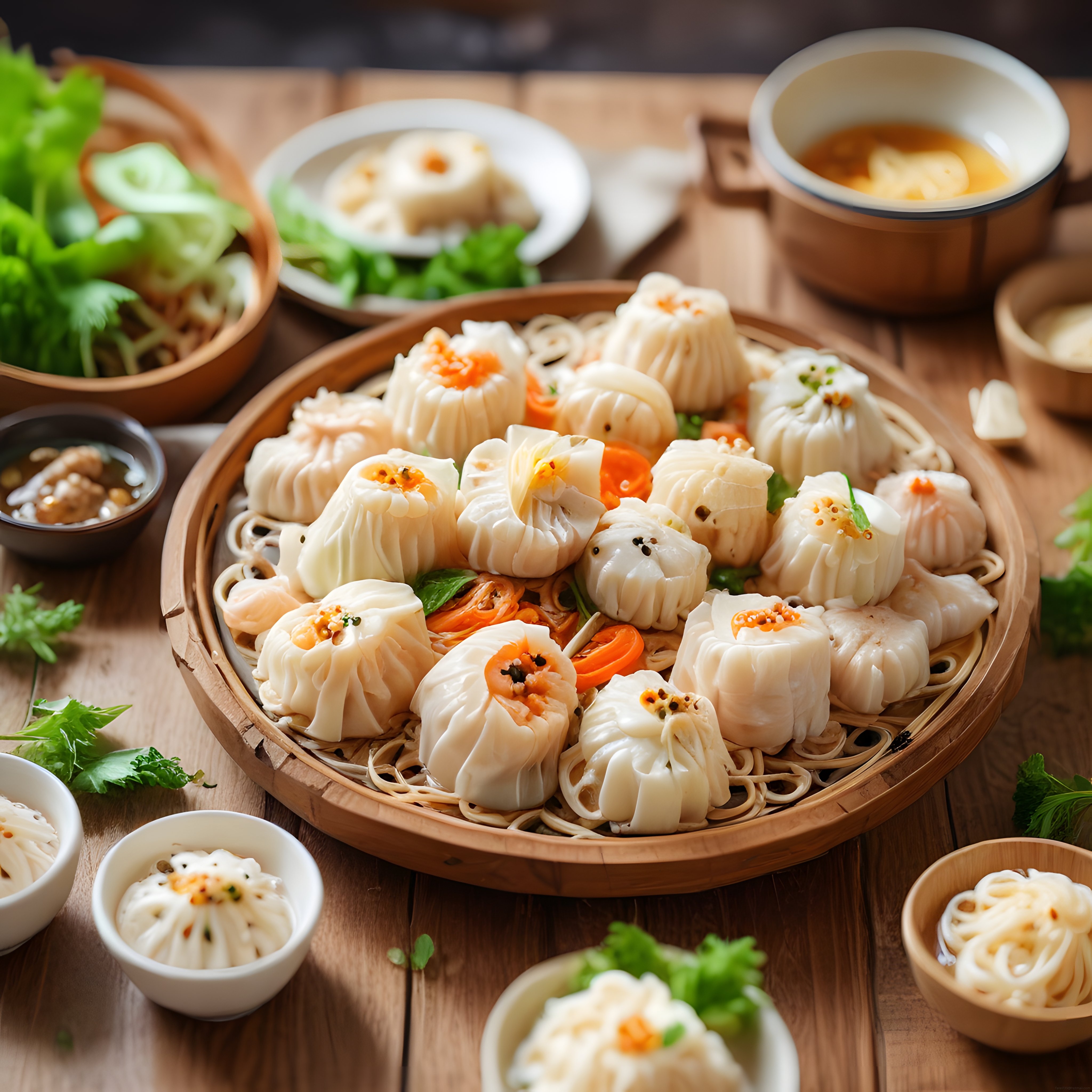 Bambu Sepetinde Buharda Pişmiş Dim Sum Mantı ve Erişte Sunumu