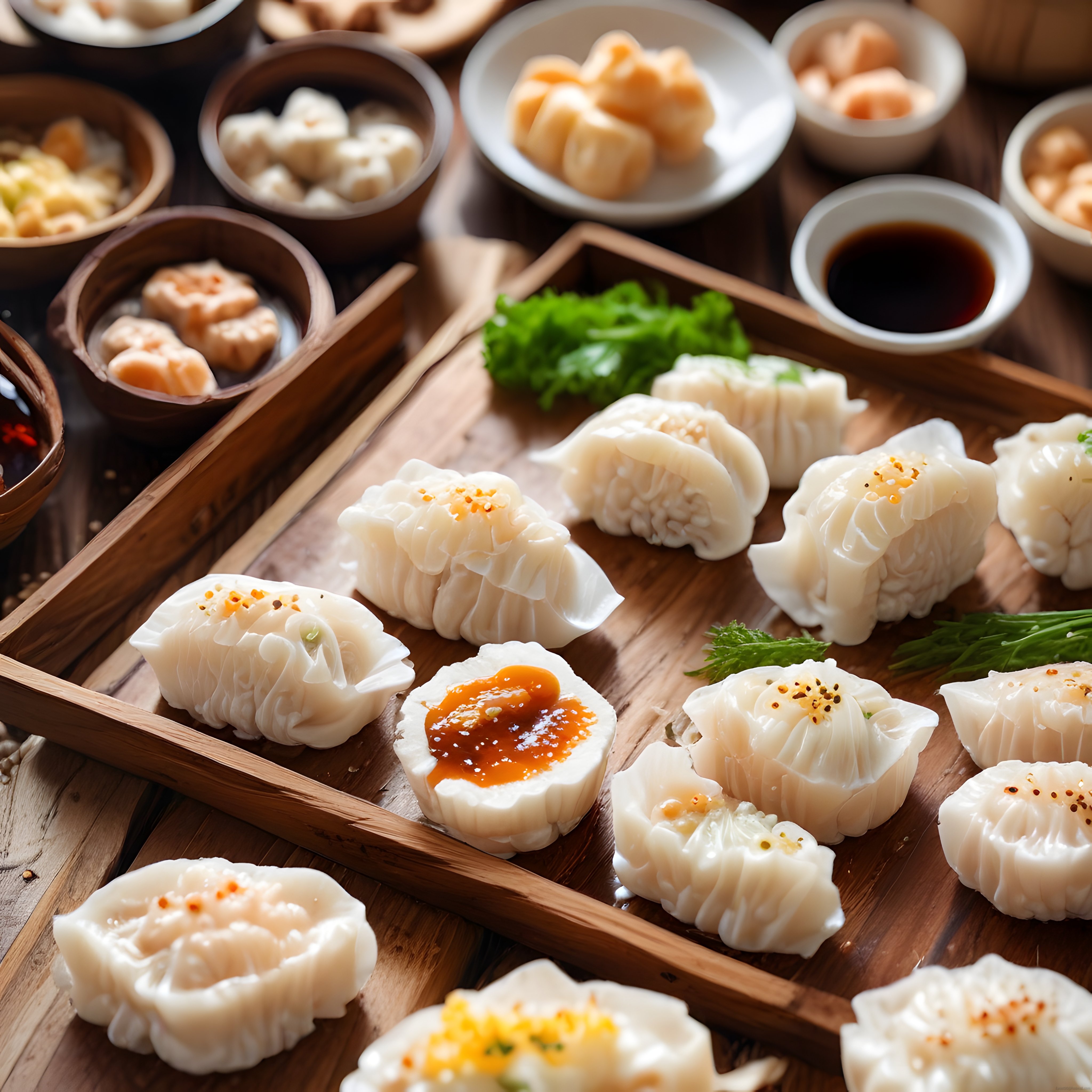 Bambu sepetler ve soy sos eşliğinde sunulan çeşitli buharlı dim sum mantıları