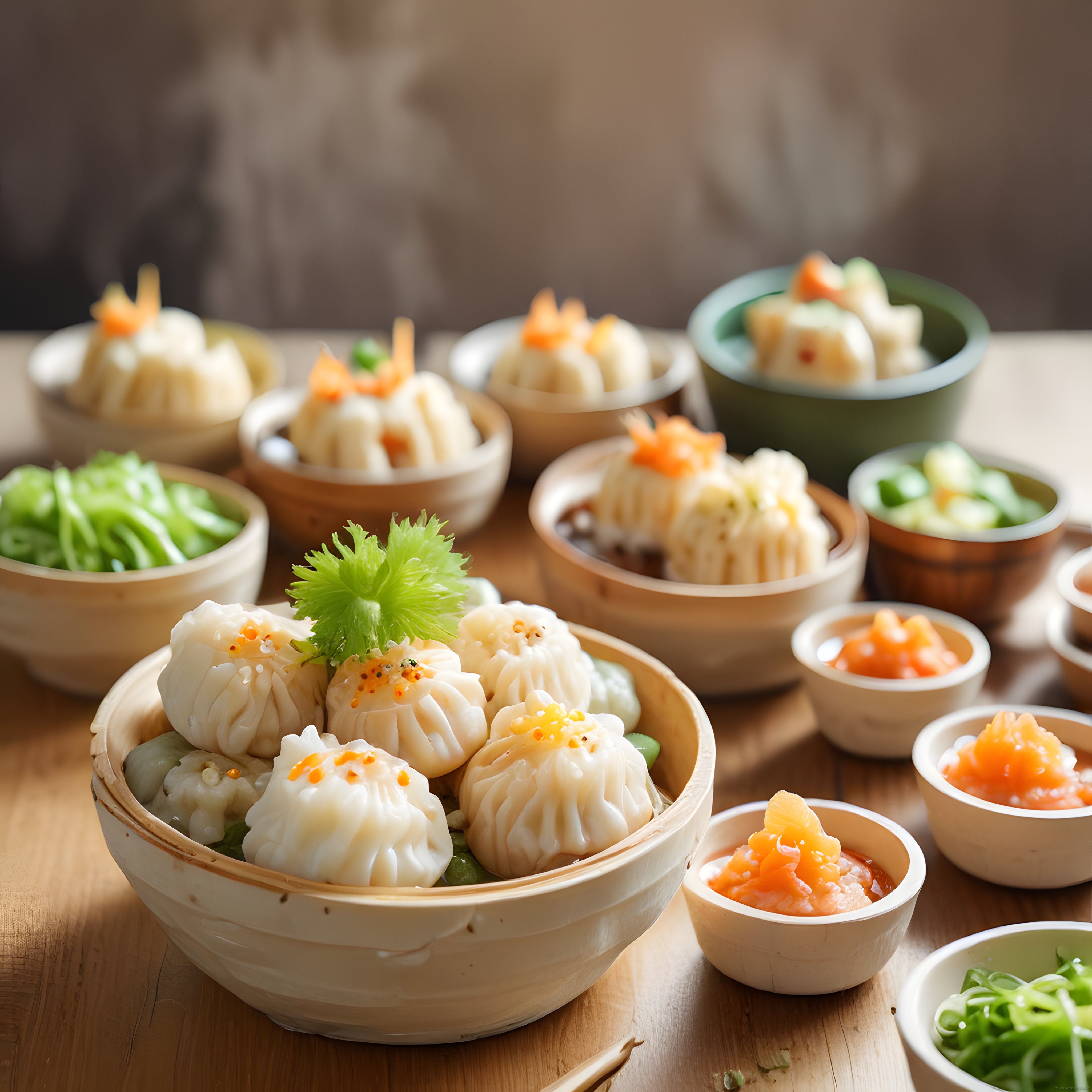 Bambu sepetlerde buharda pişirilmiş dim sum mantıları ve renkli soslar