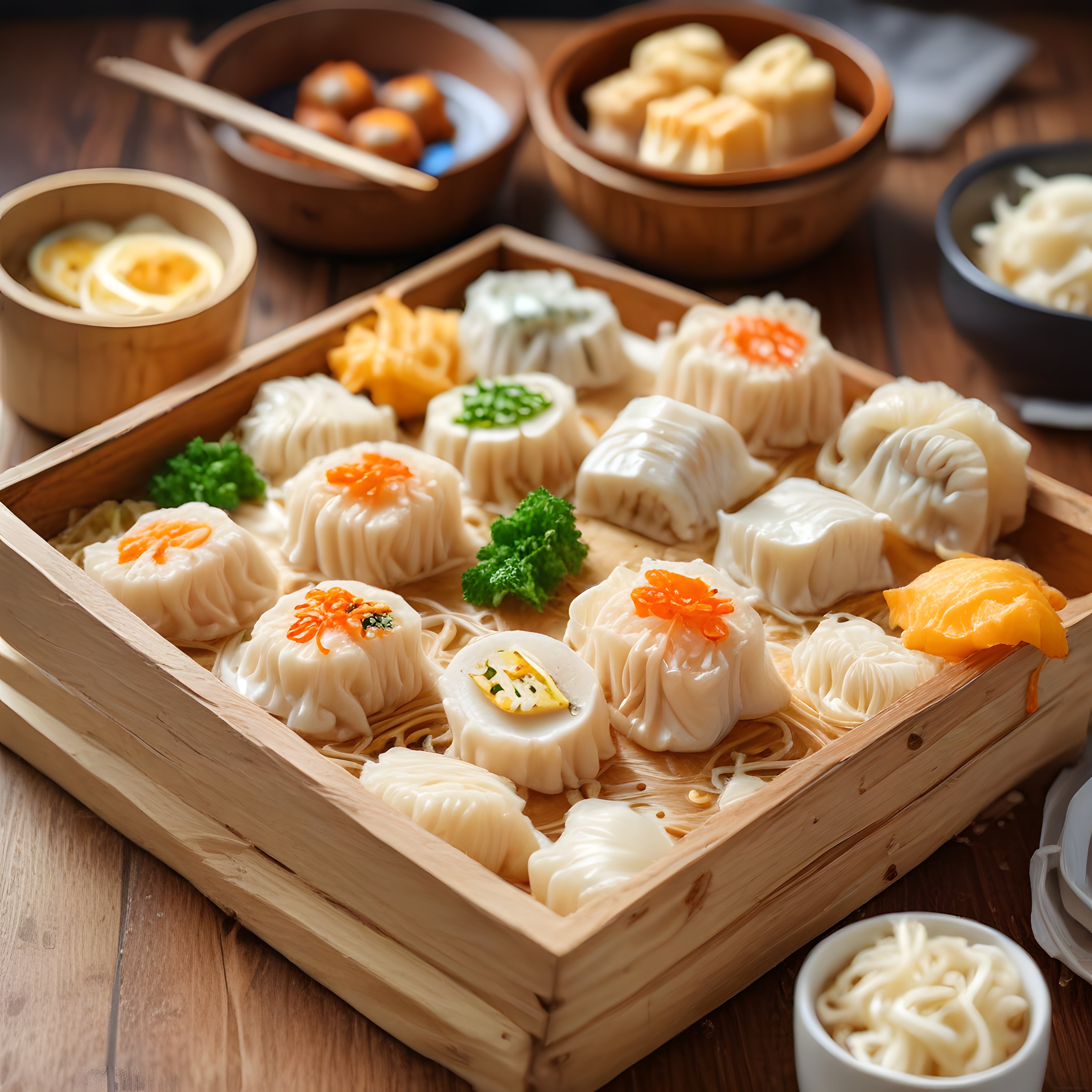 bambu sepetlerde buharda pişmiş dim sum çeşitleri ve asya mutfağı sunumu