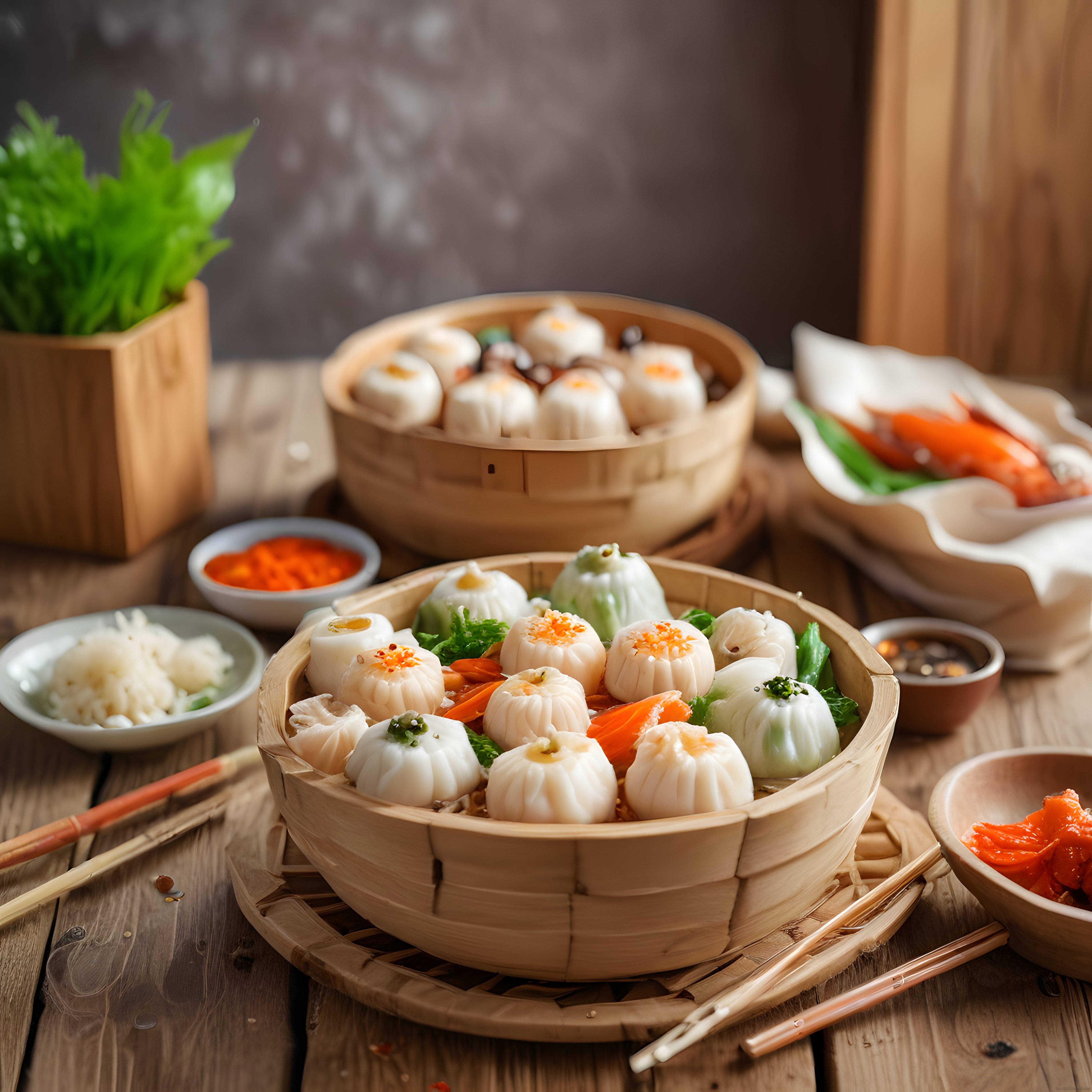 Bambu sepetlerde buharda pişmiş dim sum çeşitleri ve çin mutfağı sunumu