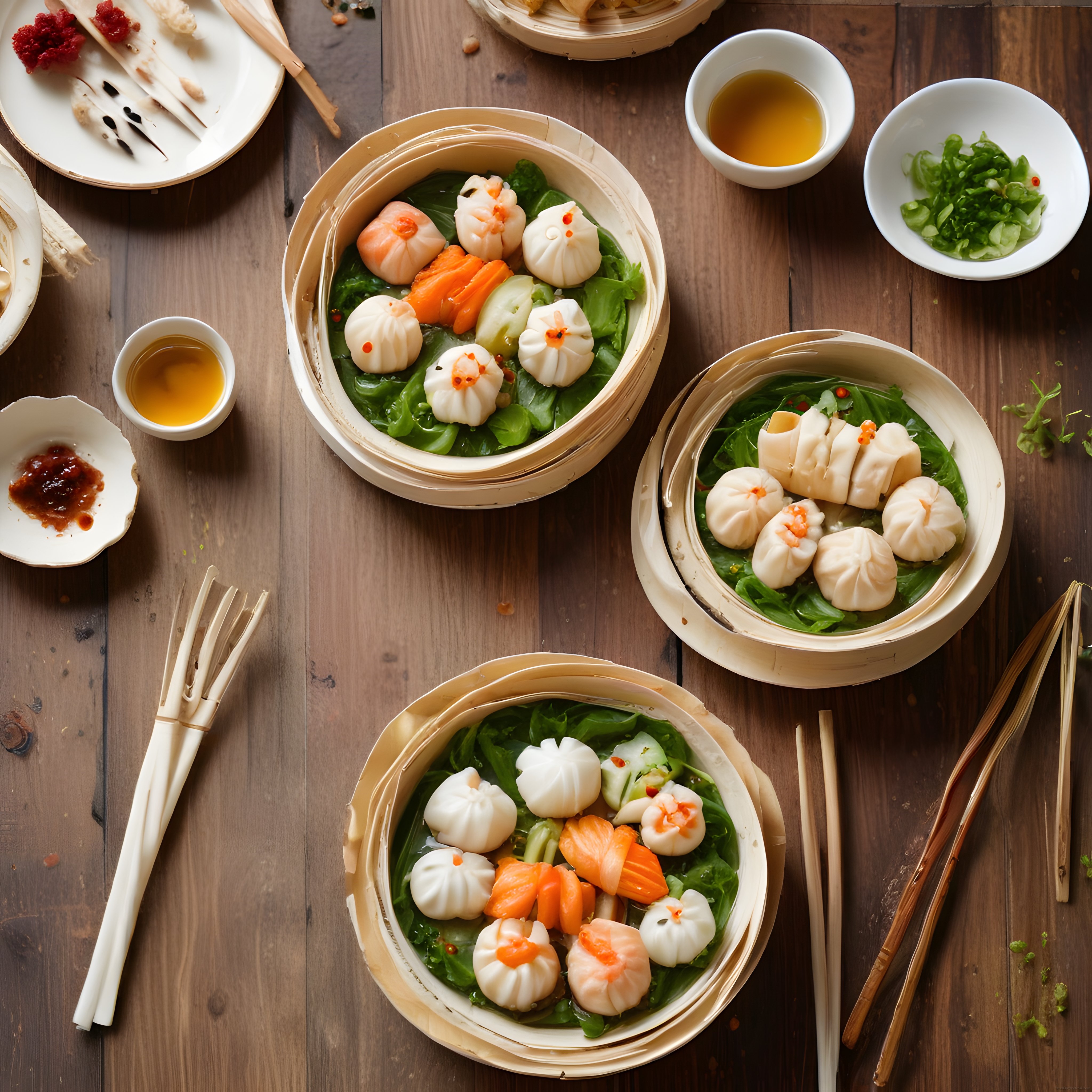 Bambu Sepetlerde Buharda Pişmiş Dim Sum ve Asya Usulü Lezzet Sunumu
