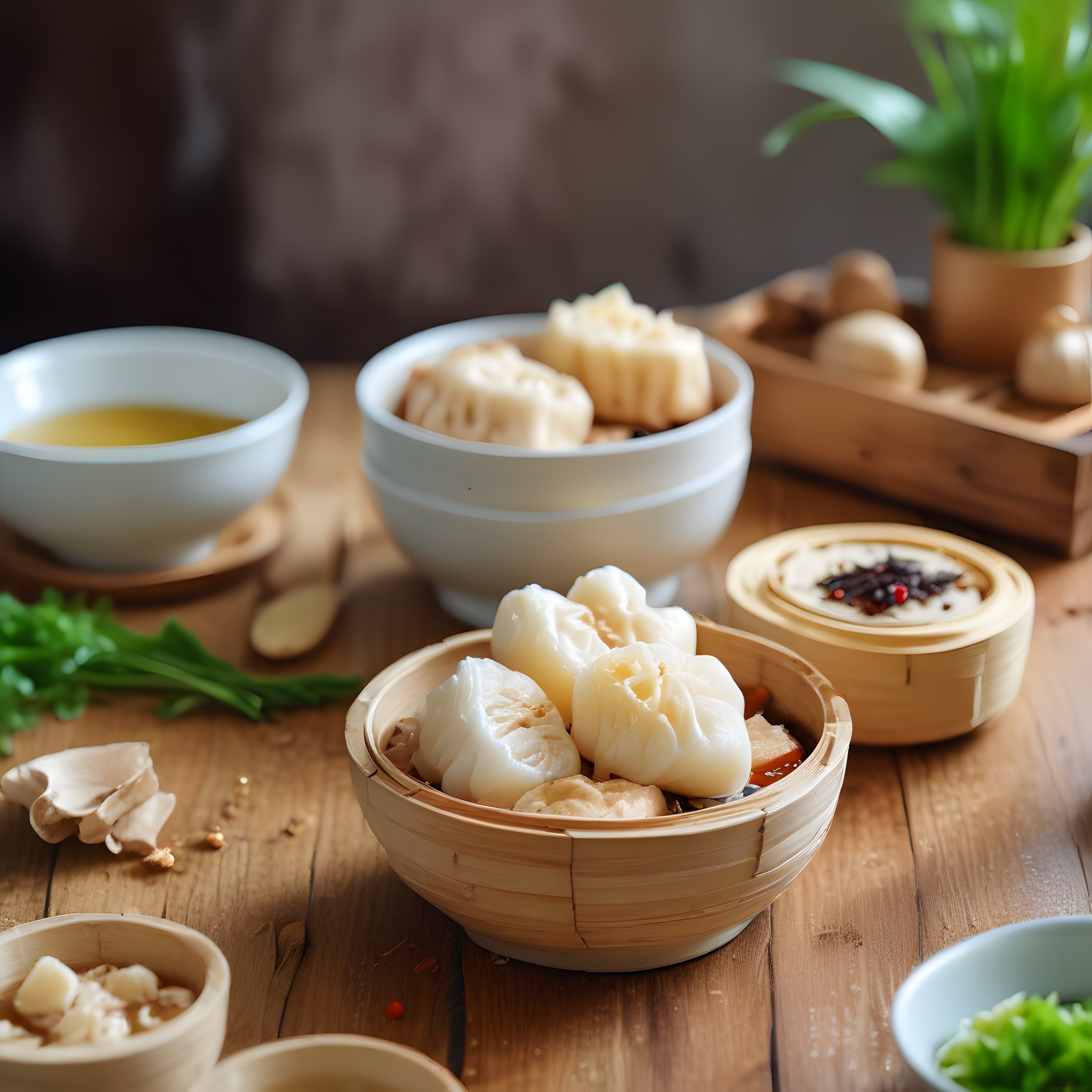 Bambu Sepetlerde Buharda Pişmiş Dim Sum ve Çay ile Geleneksel Asya Sofrası