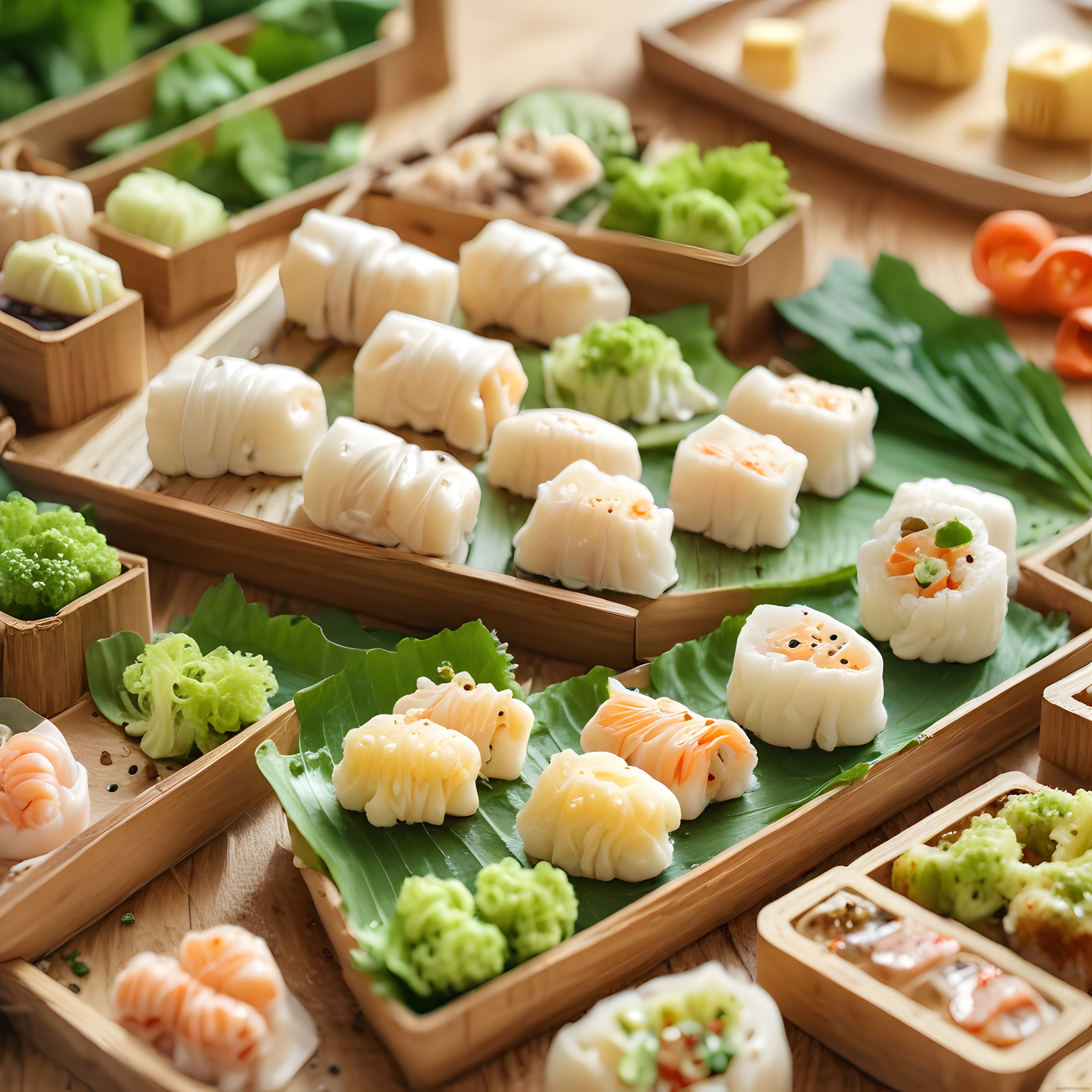 Bambu Sepetlerde Çiçek Şeklinde Sunulan Renkli Asya Mantıları ve Taze Dim Sum Çeşitleri