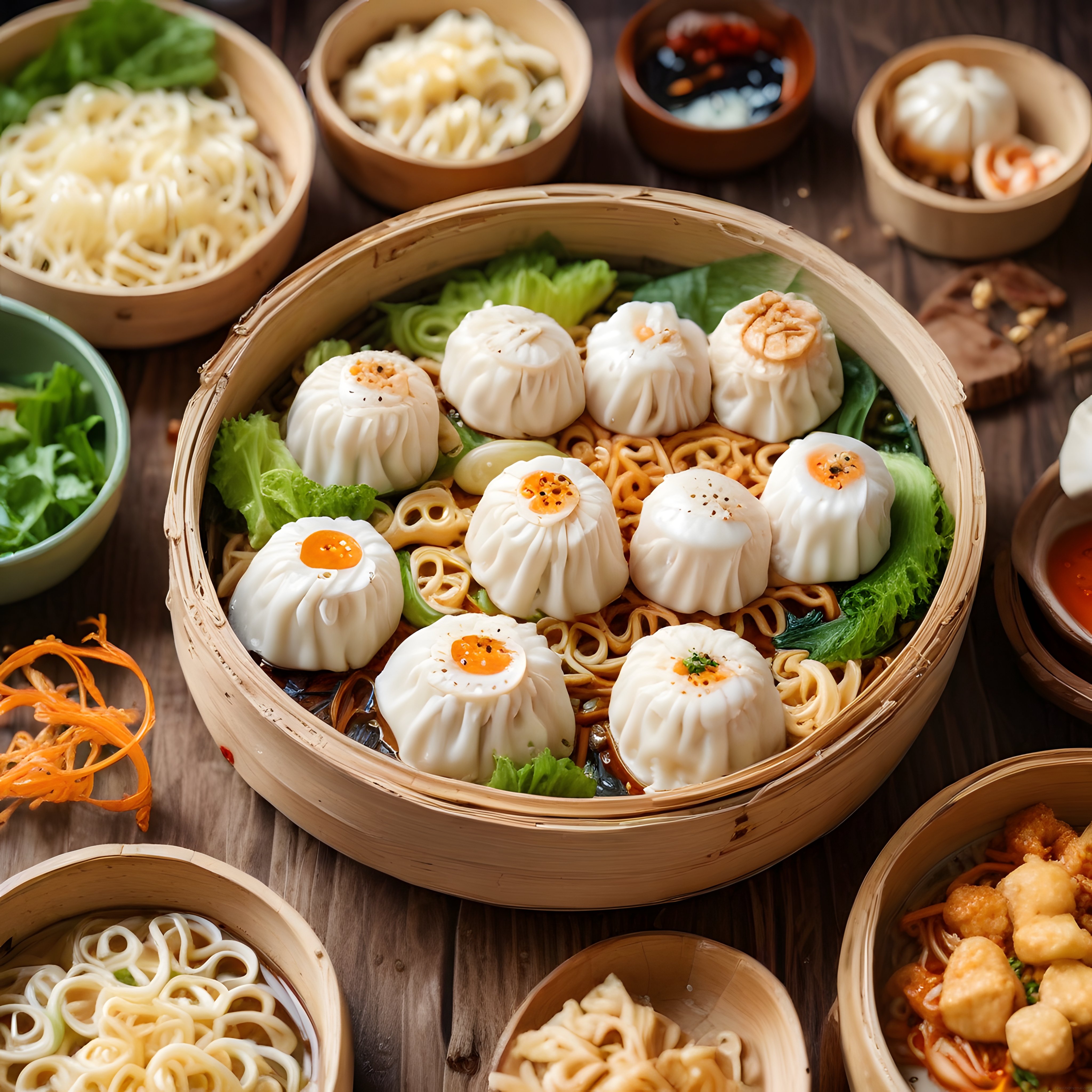 Bambu Sepetlerde Egzotik Asya Mantıları ve Noodle Sunumu